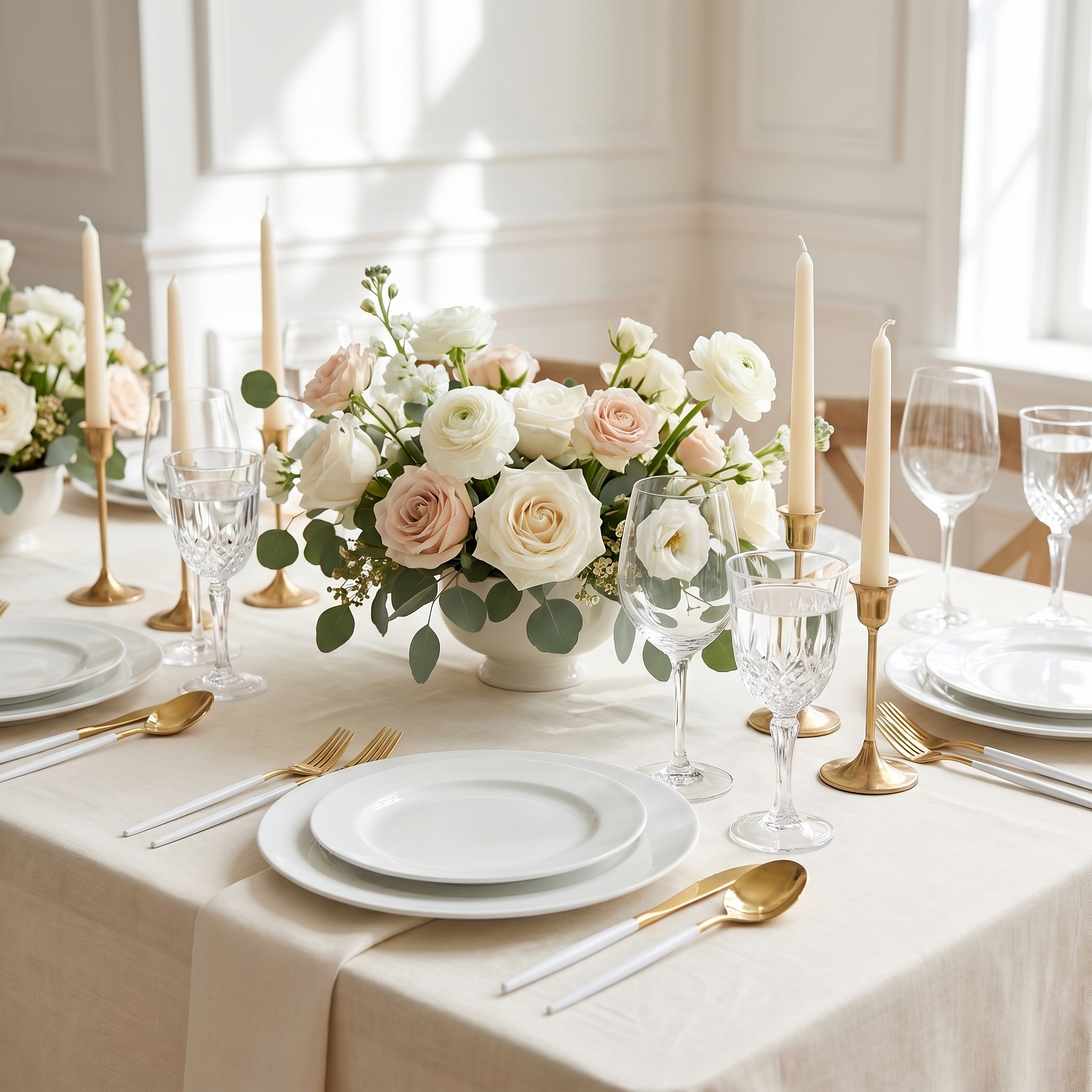 White and gold two-tone cutlery on an elegant celebration table with florals