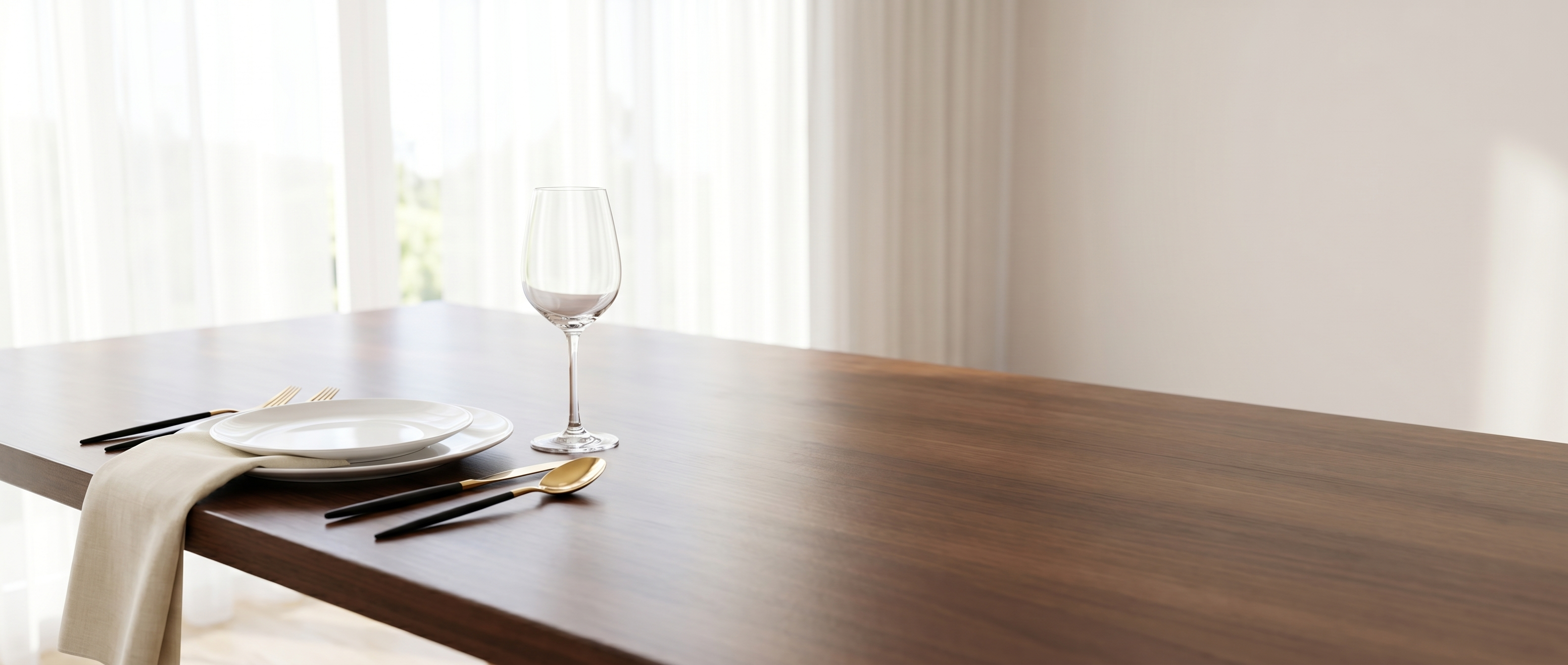 Aria two-tone gold cutlery on an elegant sunlit dining table banner