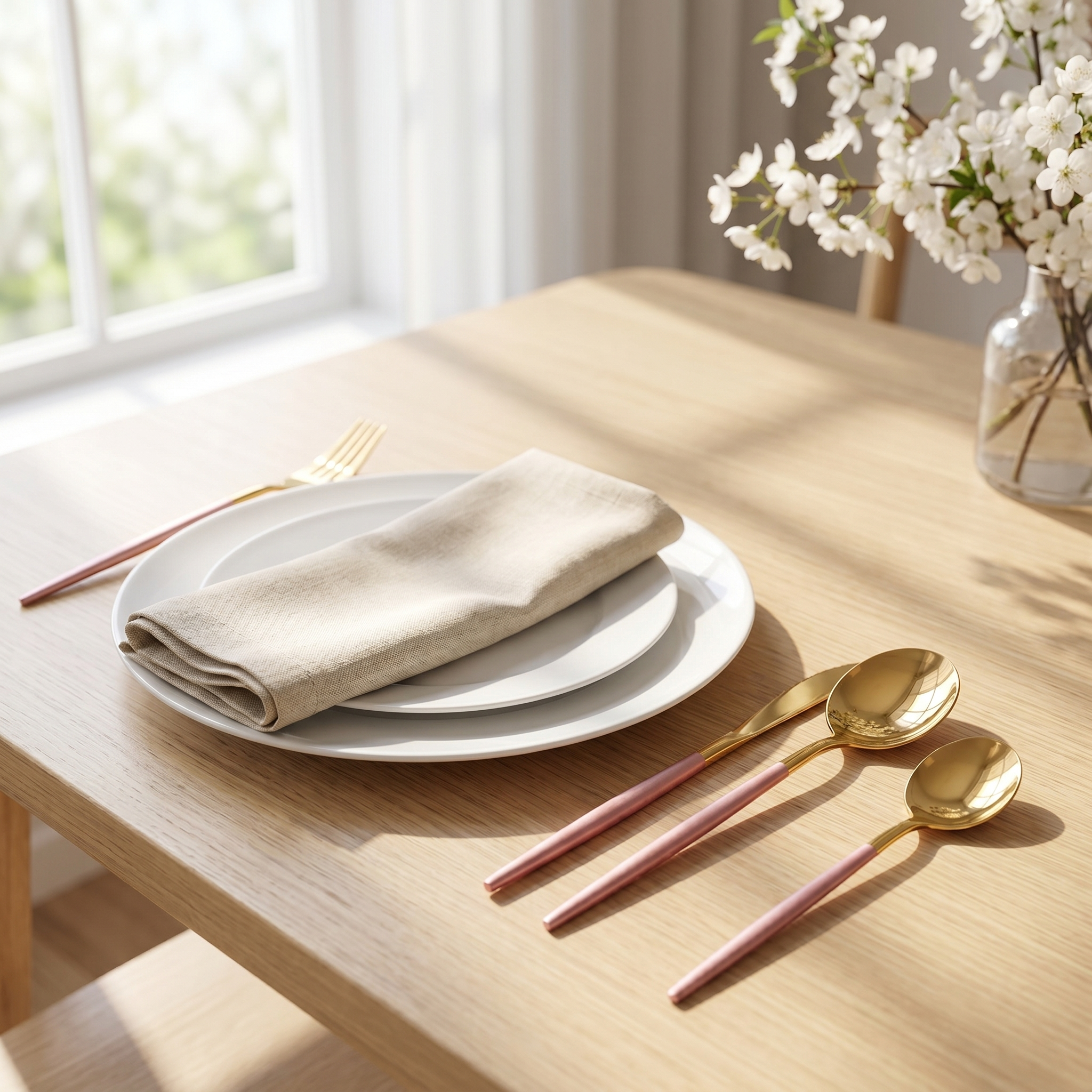 Pink and gold cutlery place setting on a sunlit dining table