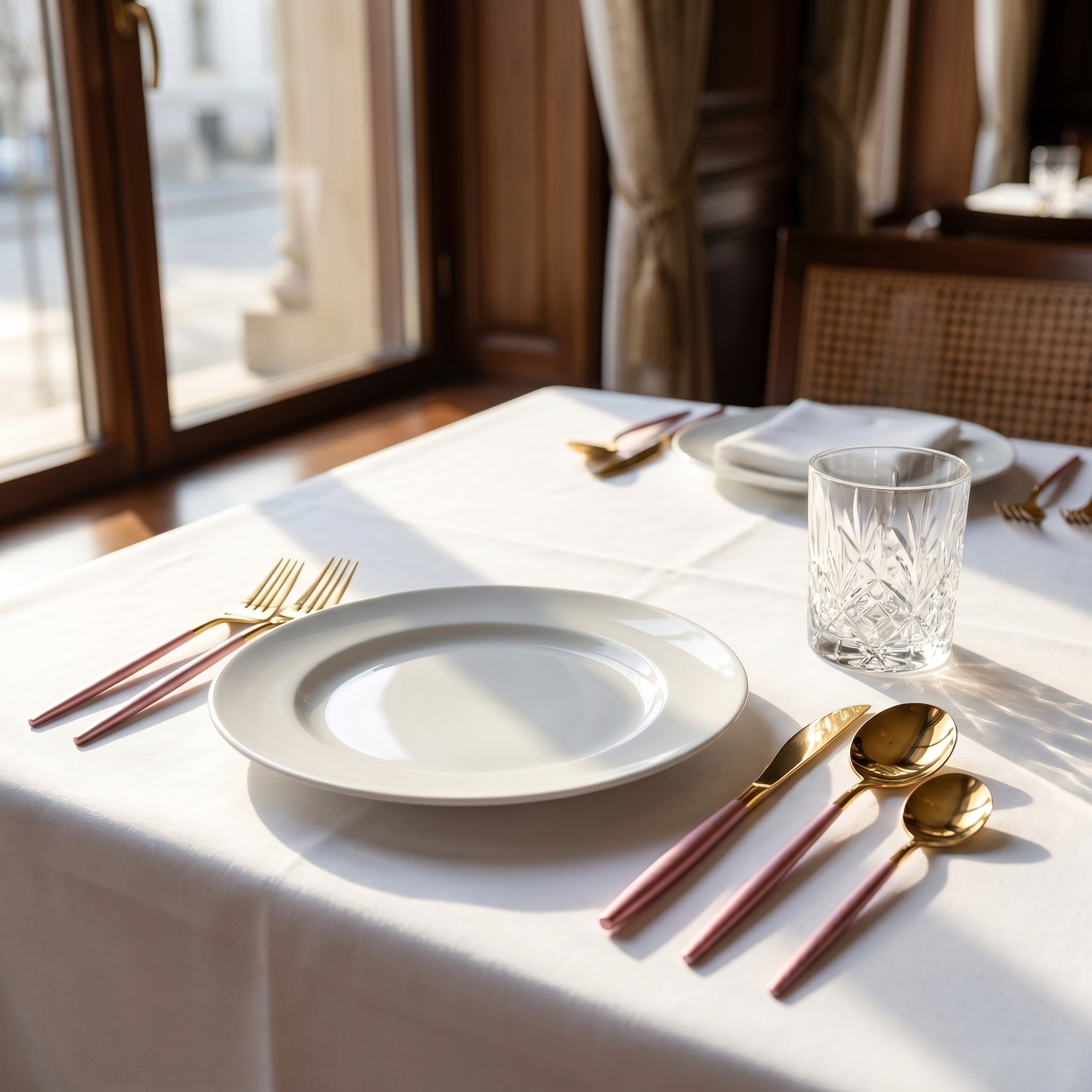 Pink and gold cutlery formal place setting with crystal glass