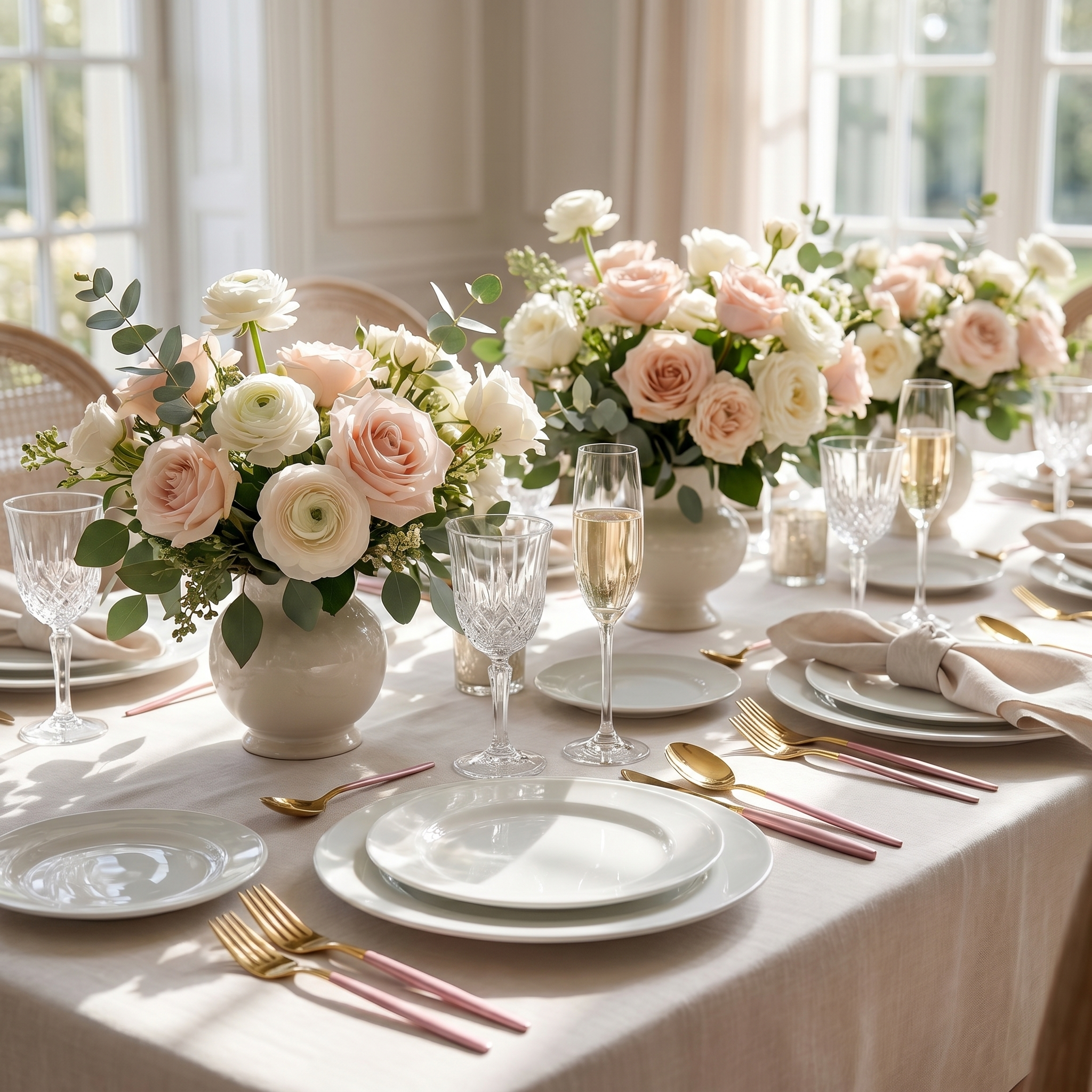 Pink and gold cutlery on an elegant celebration table with florals