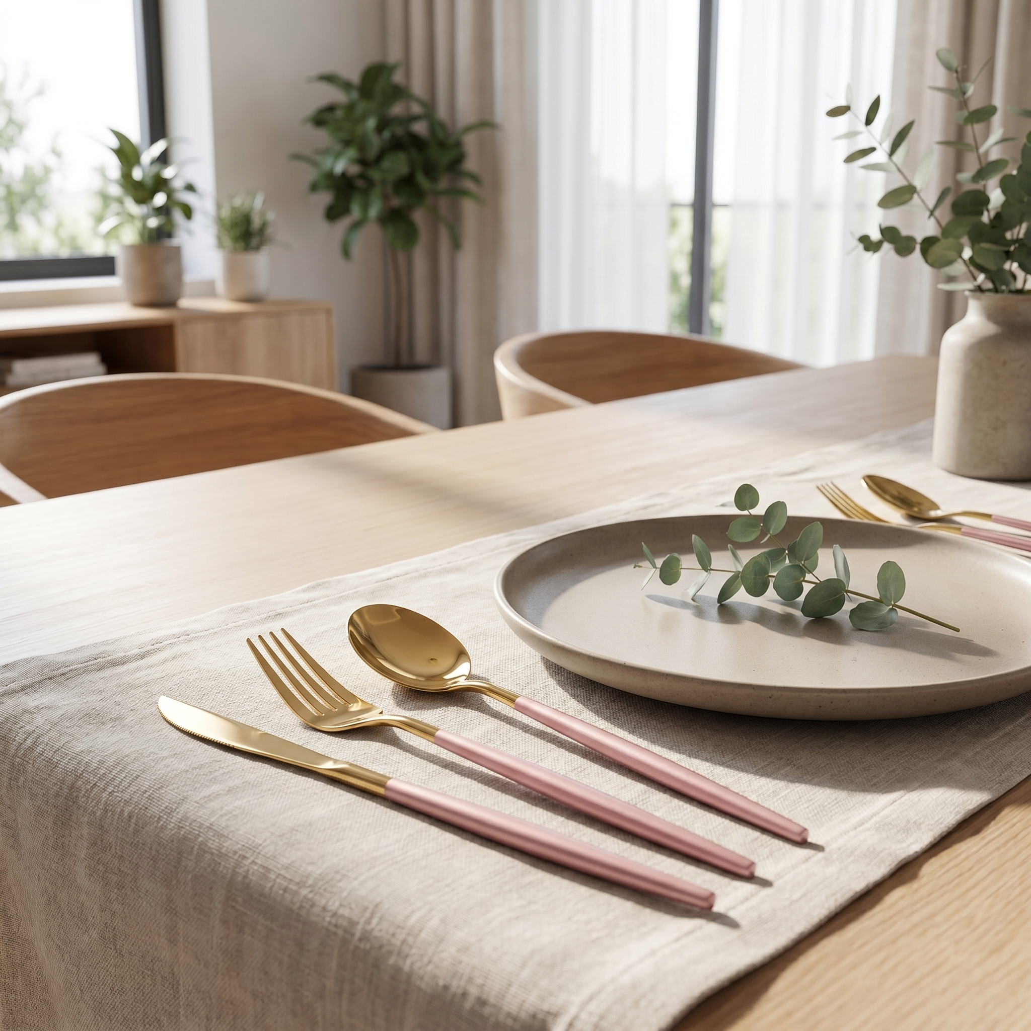 Pink and gold cutlery minimalist tablescape with eucalyptus