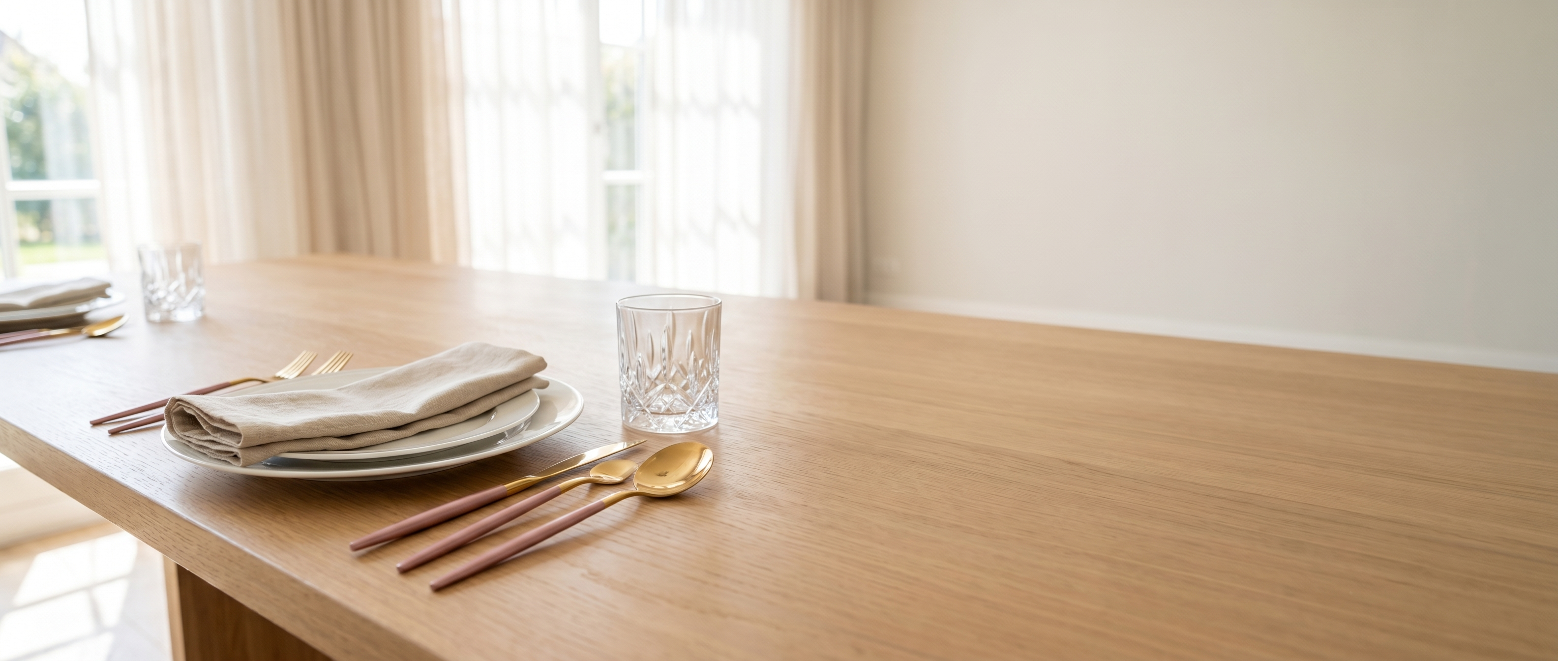 Rosa pink and gold cutlery on an elegant sunlit dining table