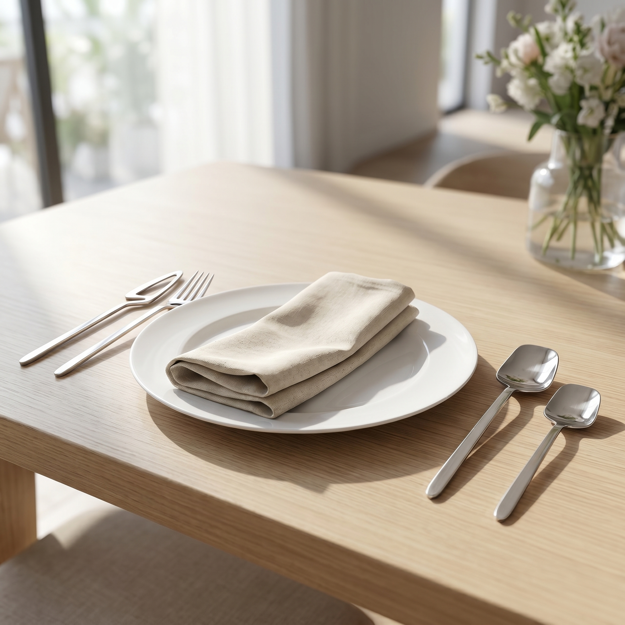 Silver sculptural skeleton flatware place setting on a sunlit dining table