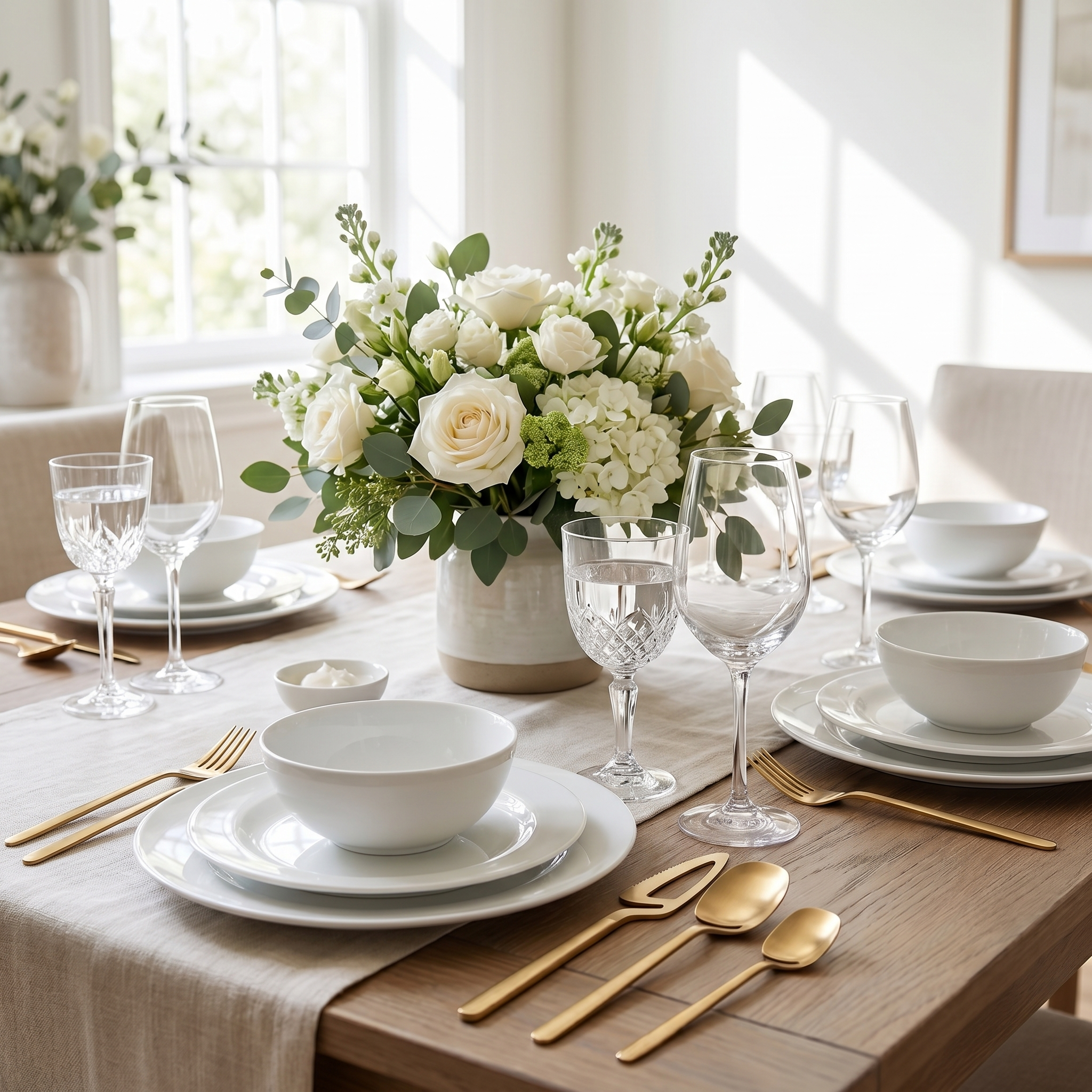 Gold sculptural skeleton flatware on an elegant celebration table with florals