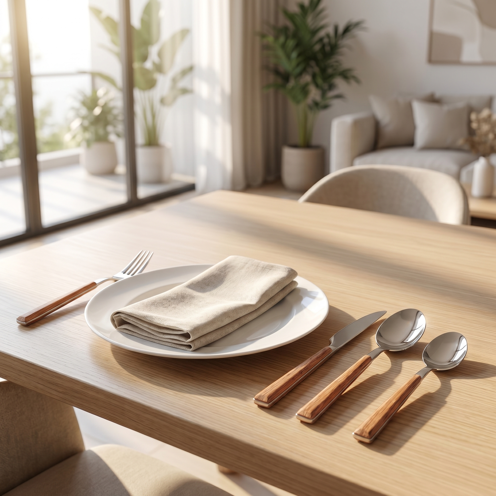 Silver wood-handle flatware place setting on a sunlit dining table