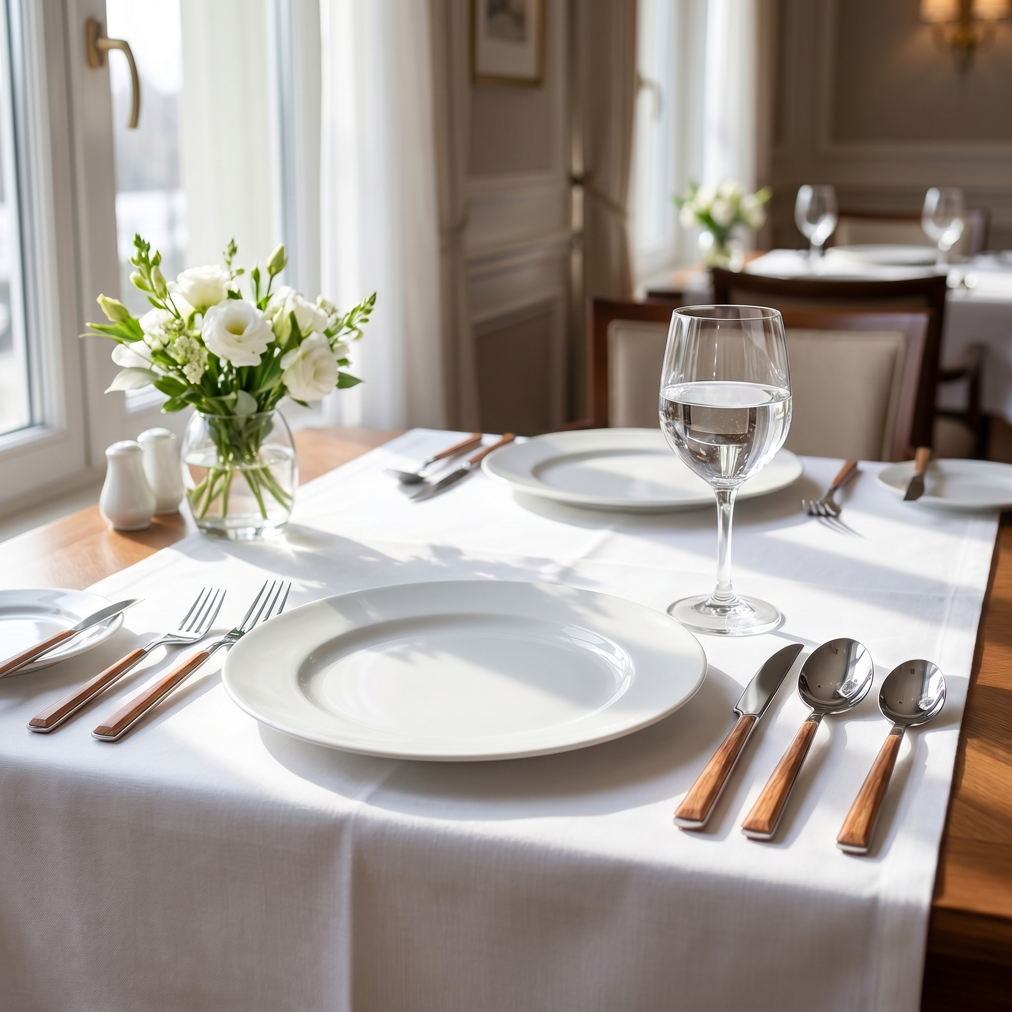 Silver wood-handle flatware formal place setting with crystal glass
