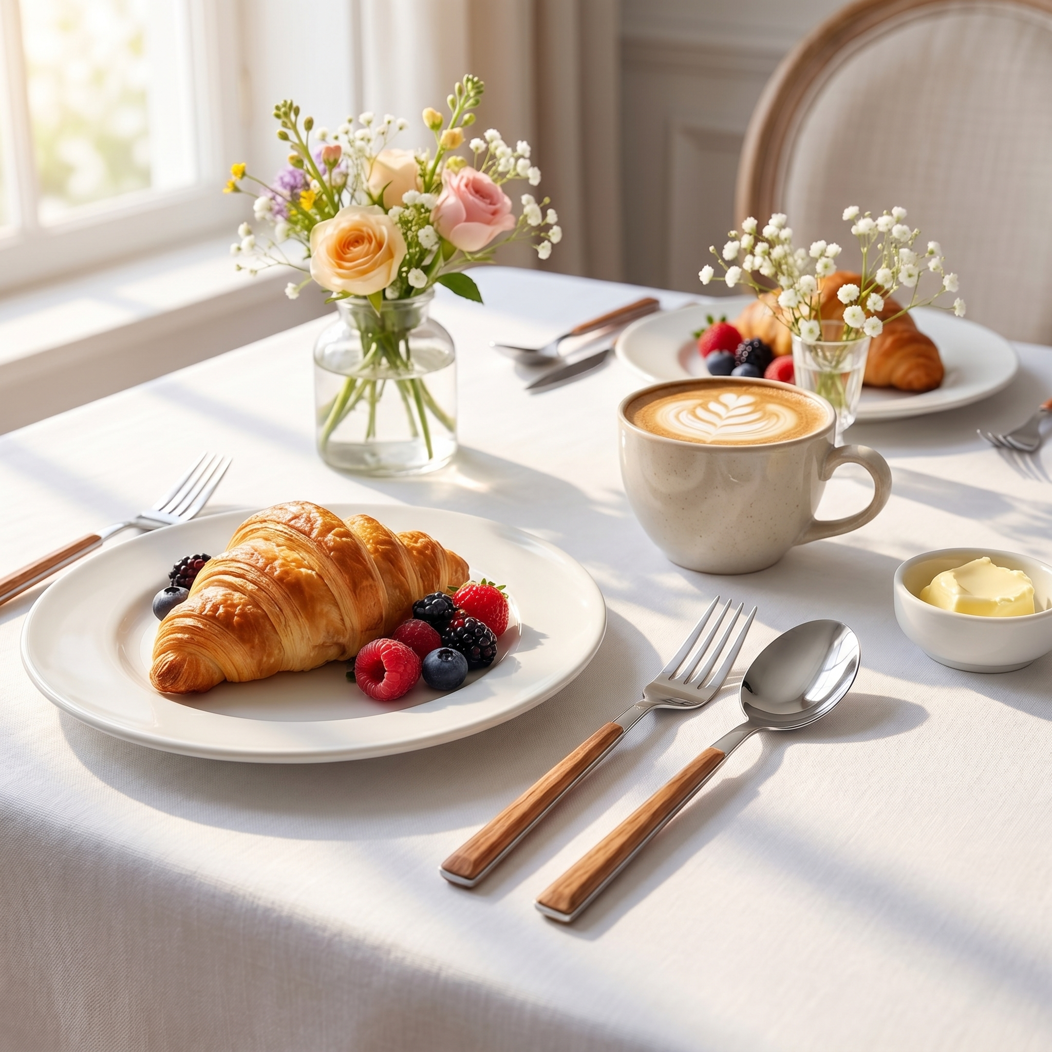 Silver wood-handle flatware on a bright brunch table with croissant and coffee