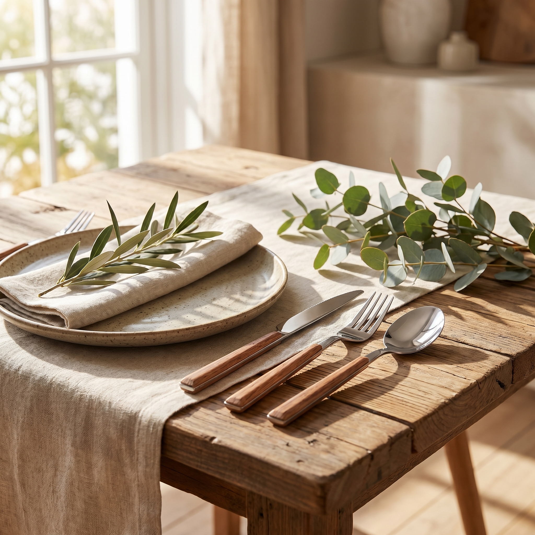 Silver wood-handle flatware rustic tablescape with eucalyptus