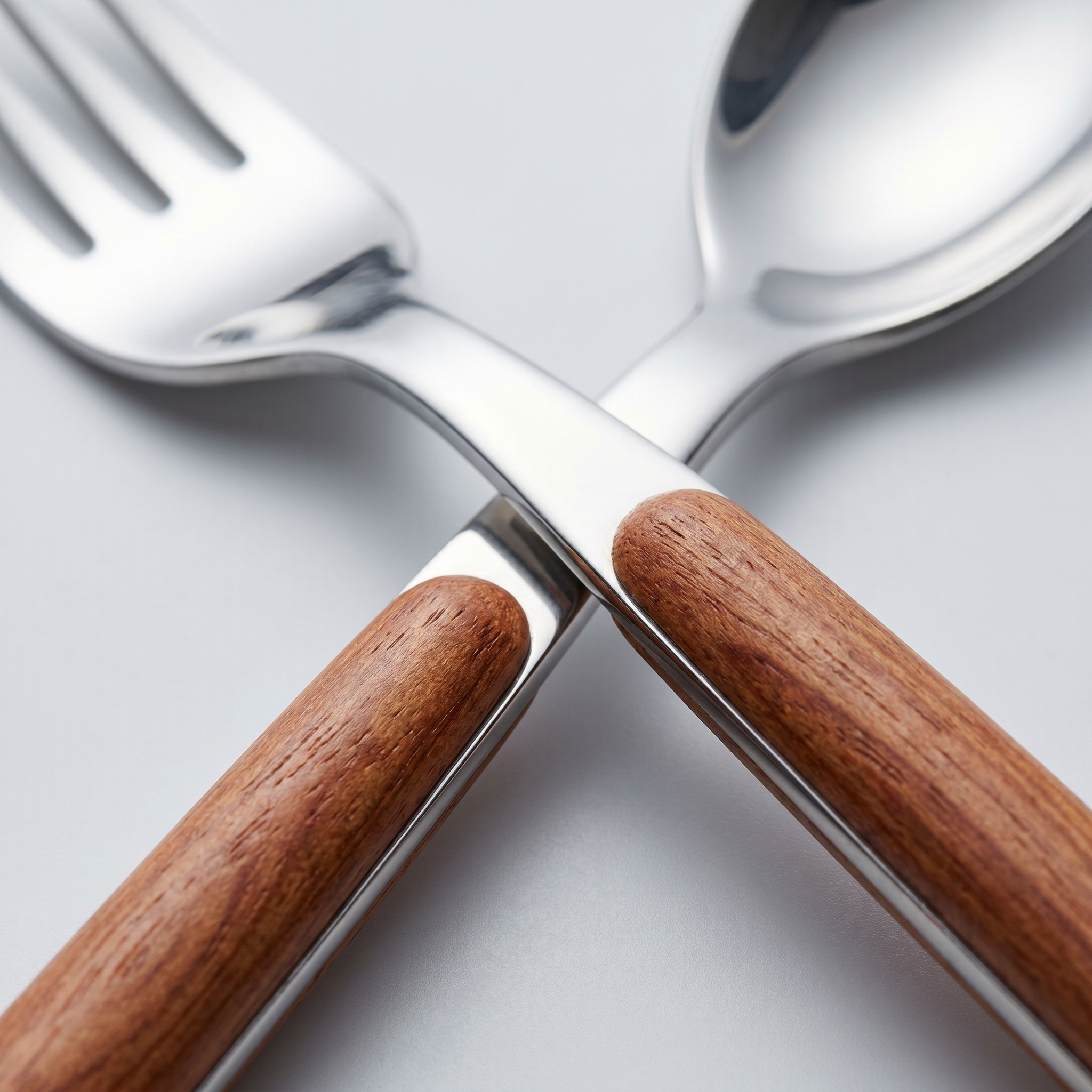 Macro detail of polished steel head meeting warm wood-grain handle