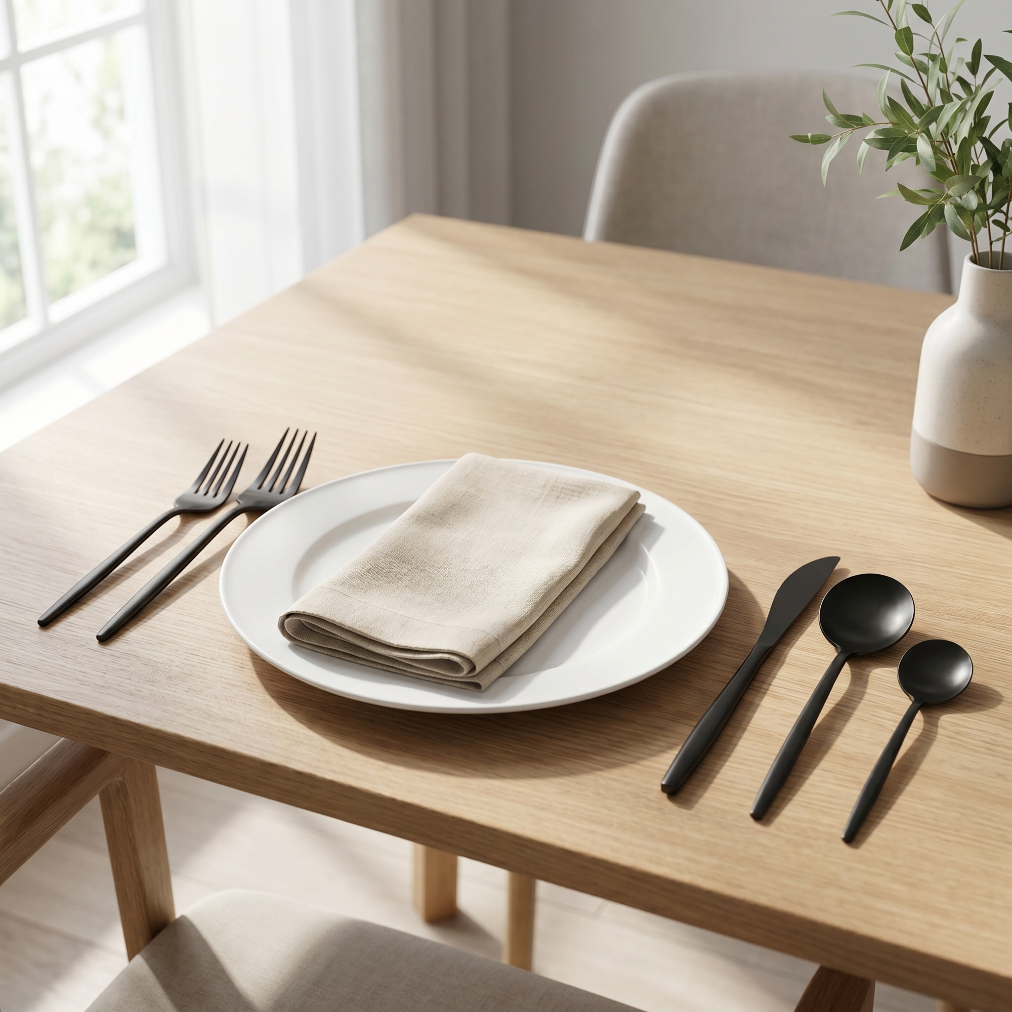 Matte black minimalist flatware place setting on a sunlit dining table