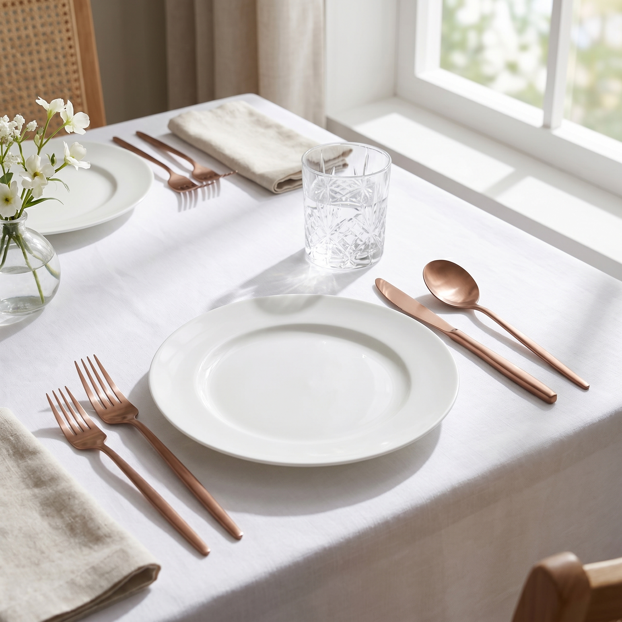 Matte rose gold minimalist flatware formal place setting with crystal glass