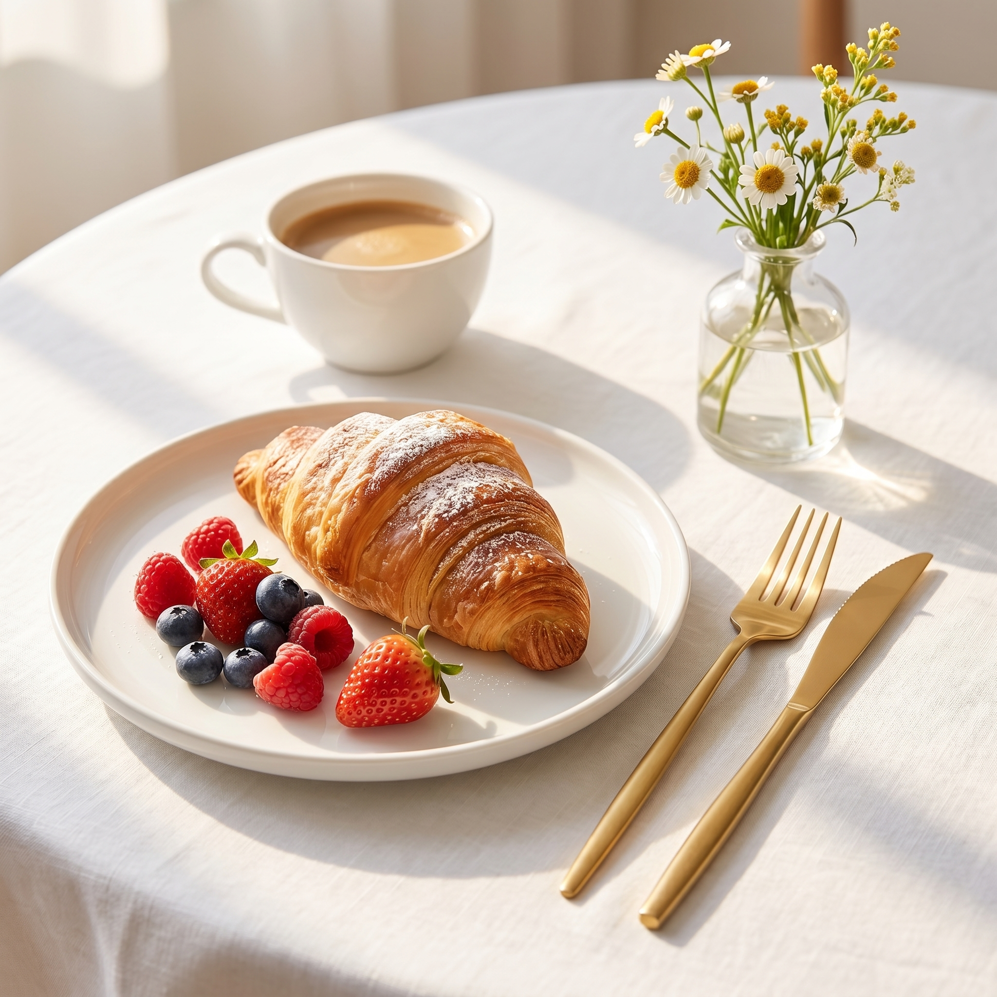 Matte gold minimalist flatware on a bright brunch table with croissant