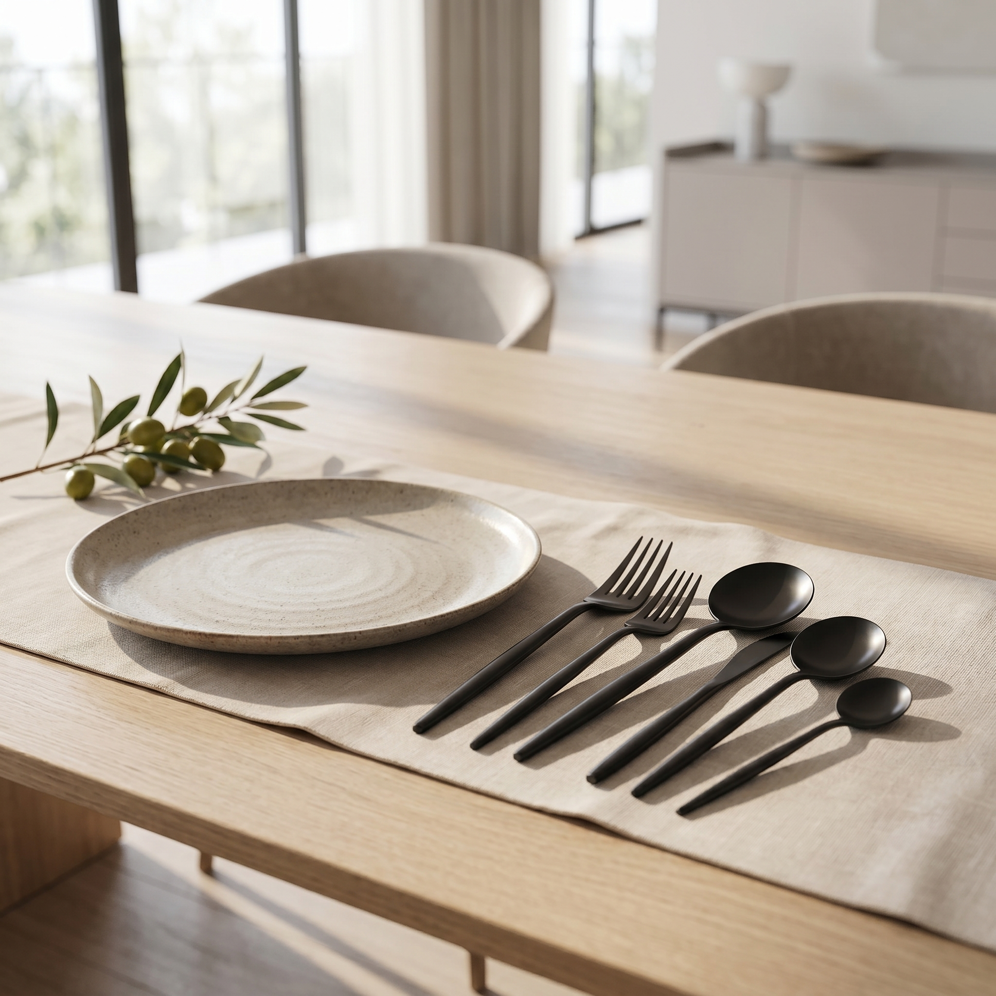 Matte black minimalist flatware tablescape with olive branch