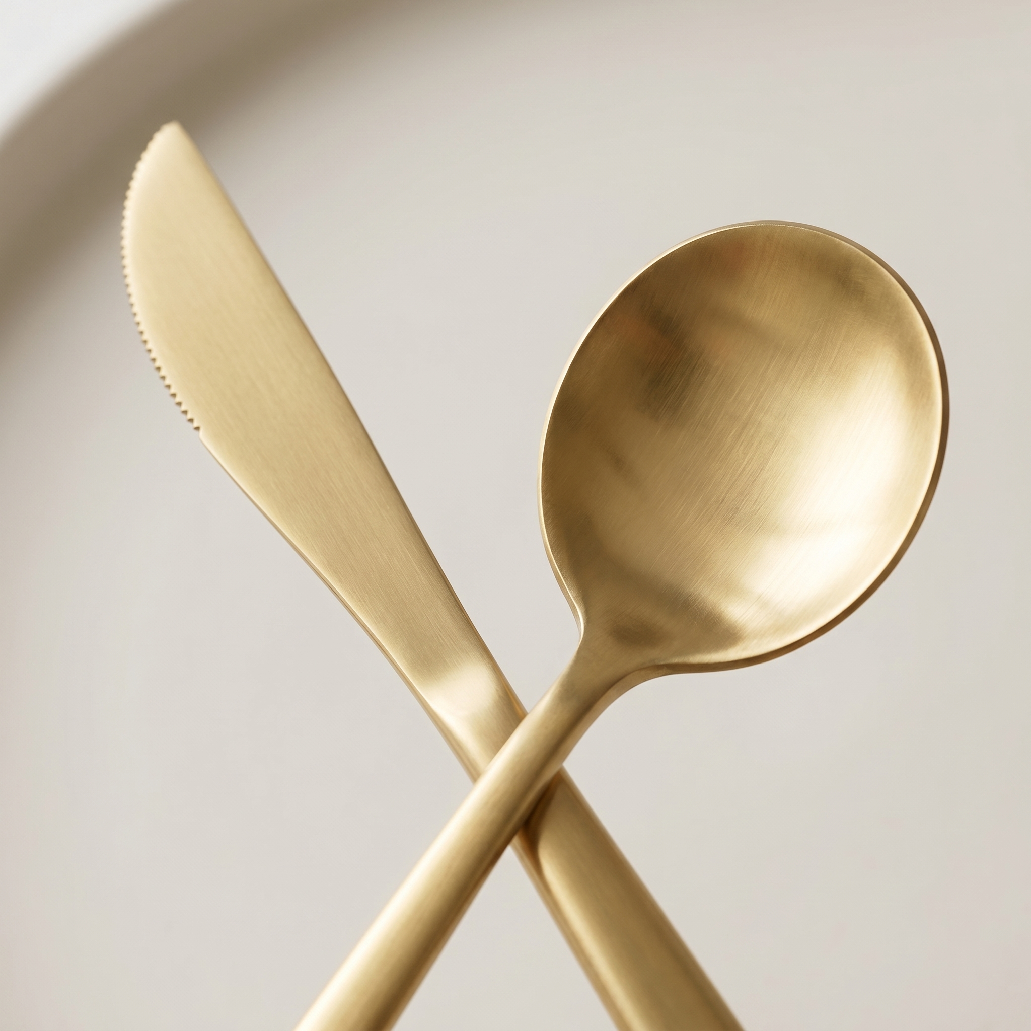 Macro detail of matte gold minimalist flatware satin finish