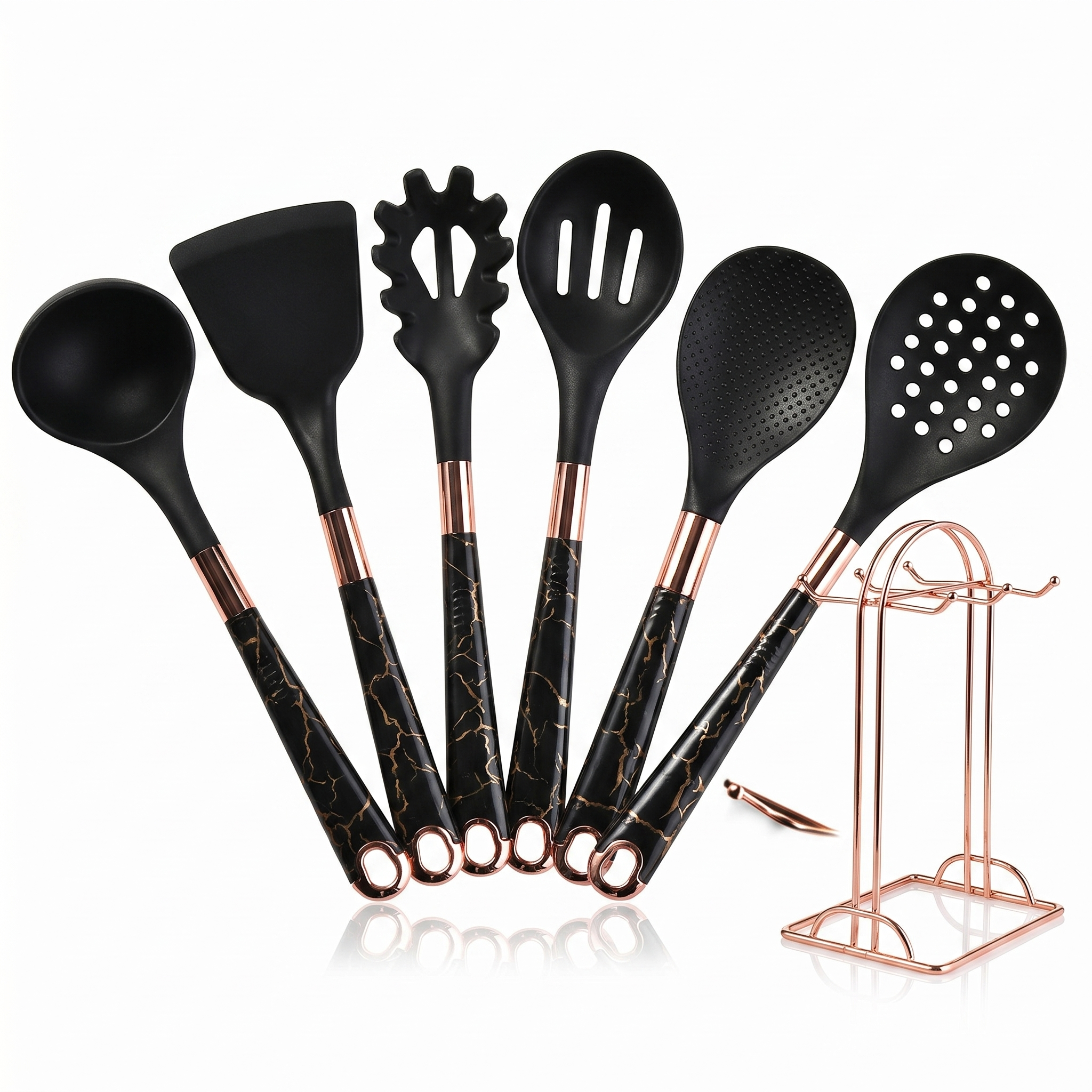 Marmo rose gold kitchen utensil set with black marble handles on white background