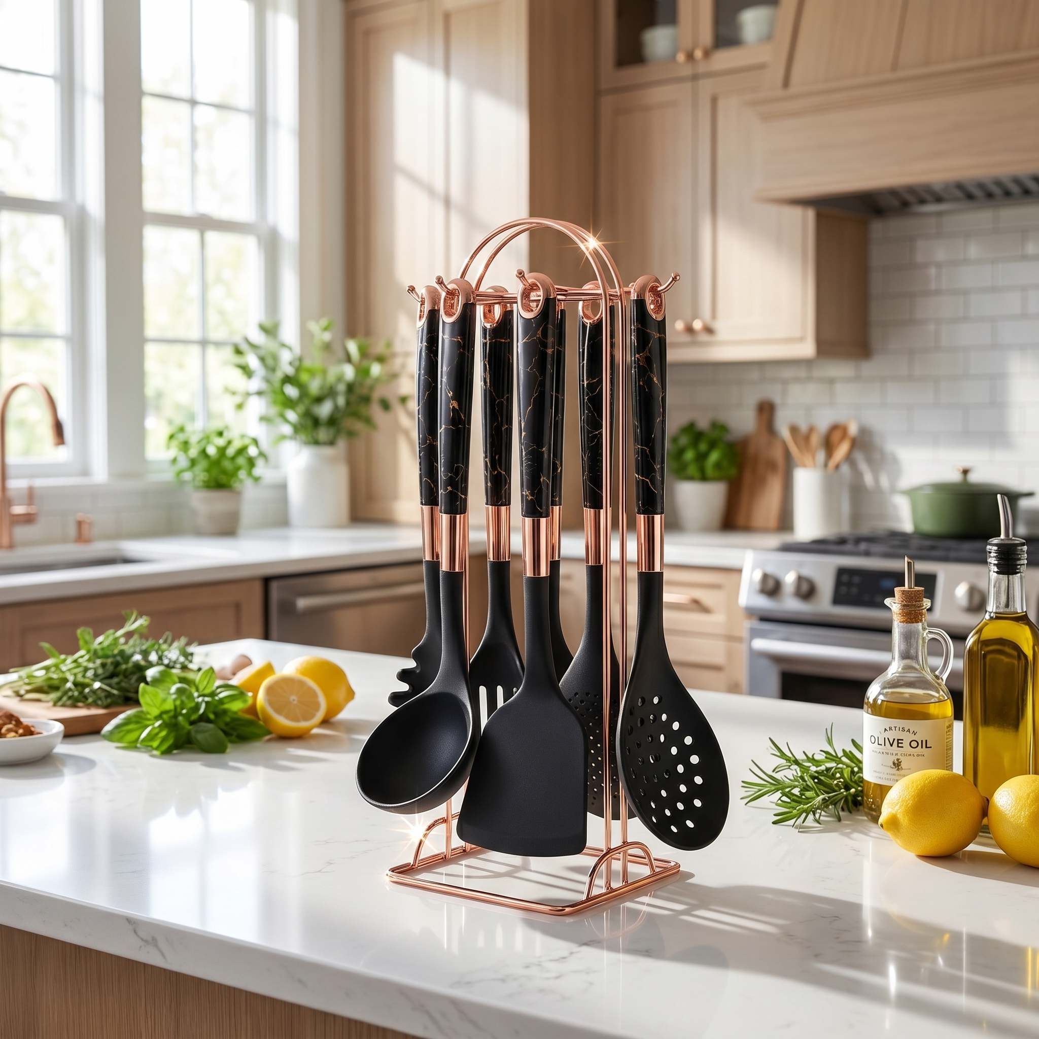 Black Marmo utensil set on rose gold stand in a modern white kitchen