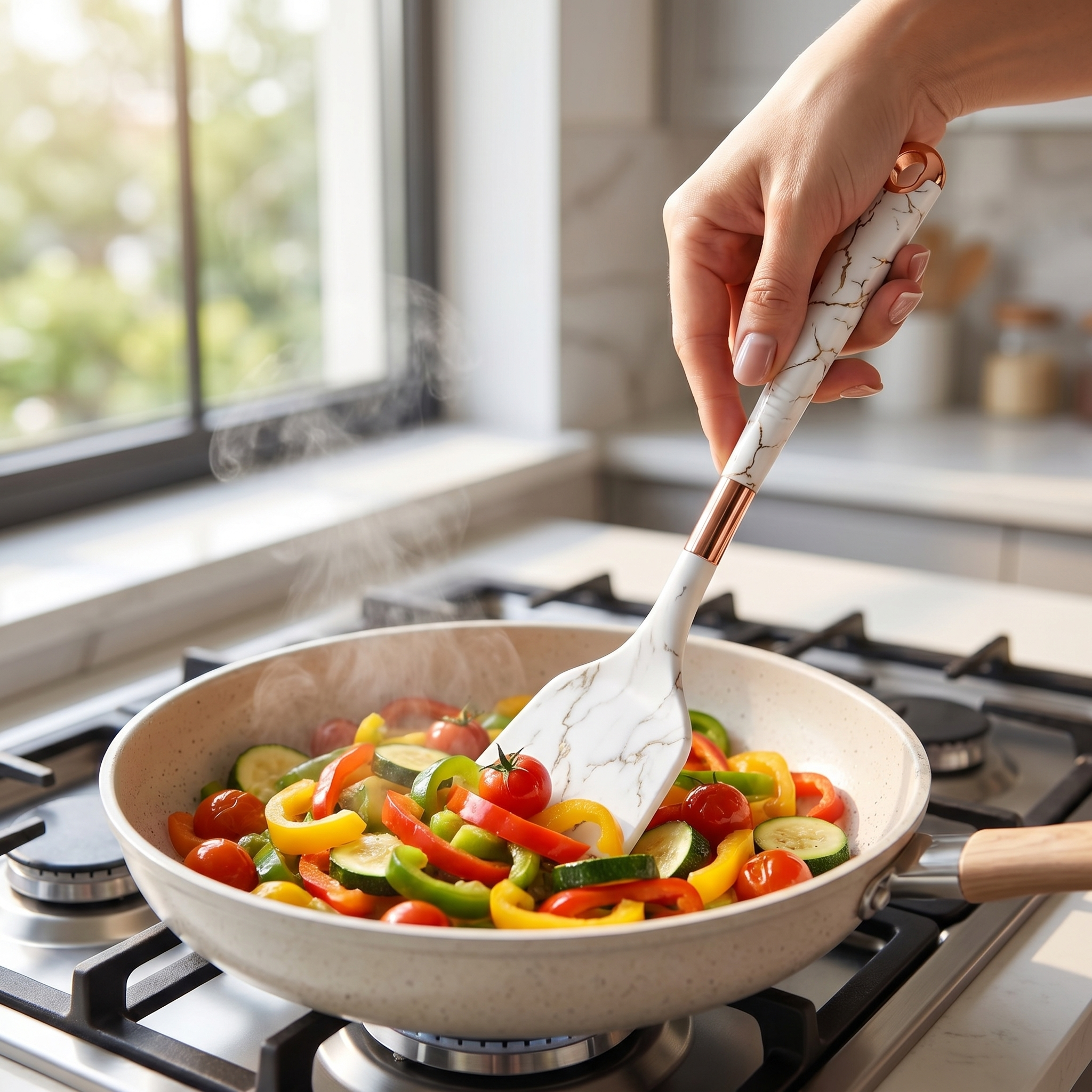 Hand cooking with the white Marmo rose gold turner over a pan of vegetables