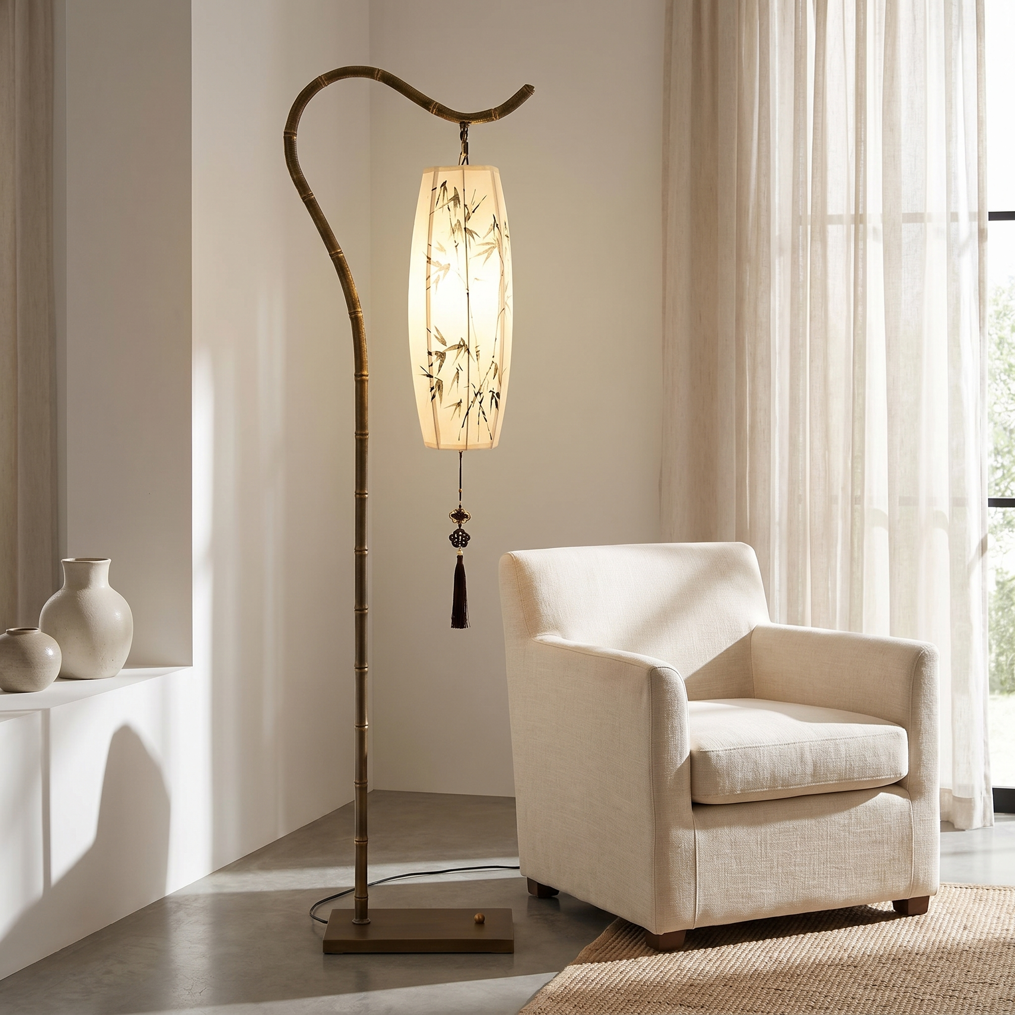 Lumina arc floor lamp glowing in a serene minimalist living room beside a cream armchair
