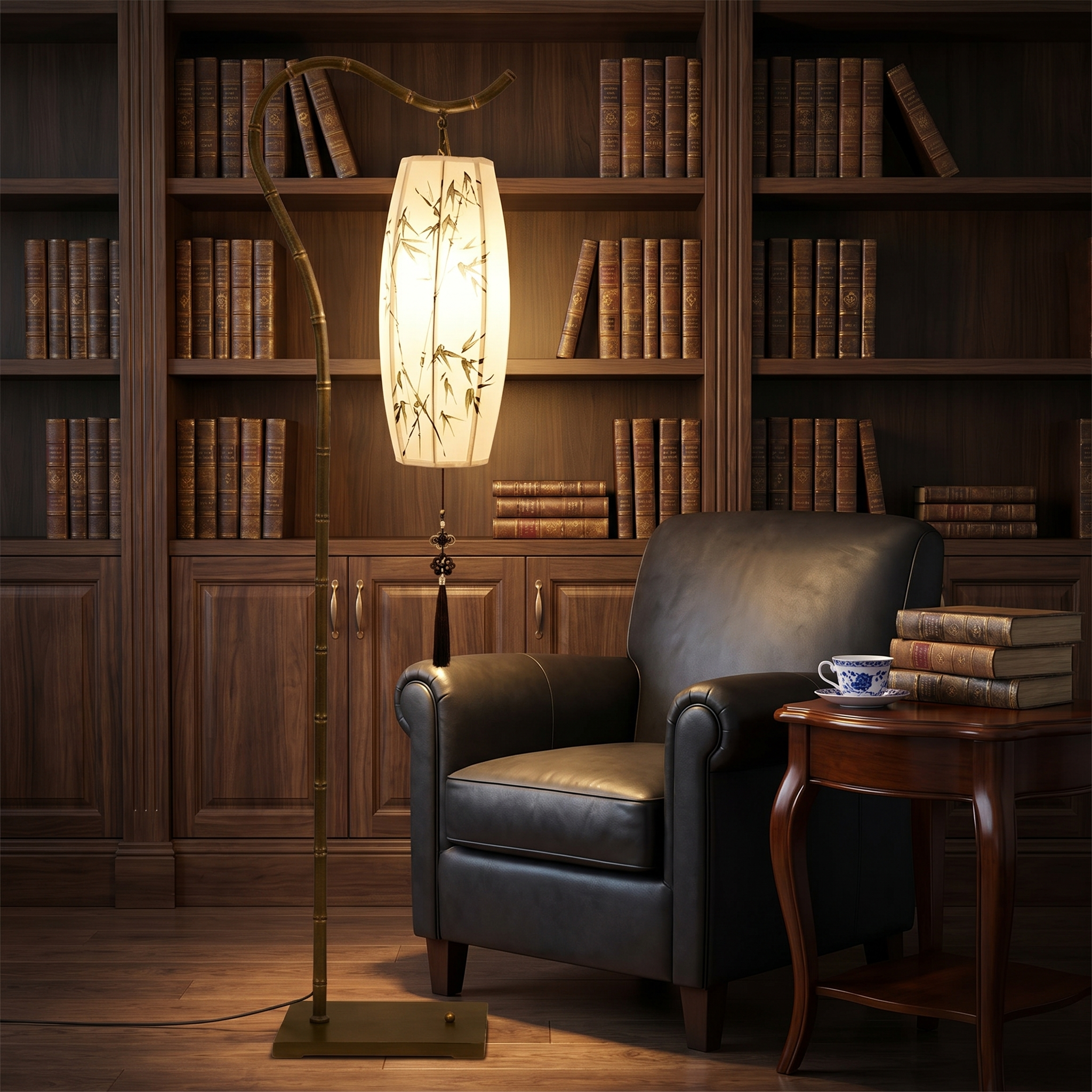 Lumina arc floor lamp in a warm walnut study beside a leather reading chair
