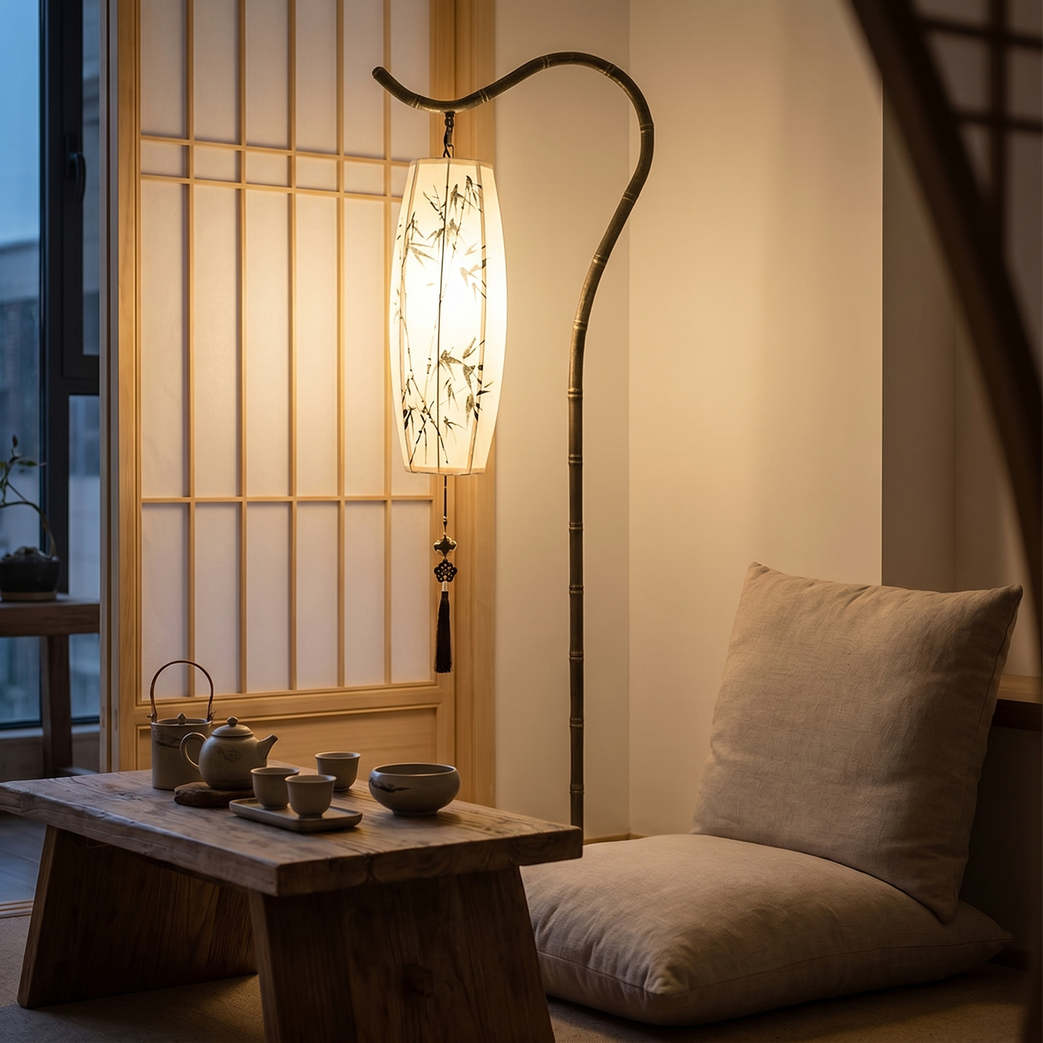 Lumina arc floor lamp in a tranquil Zen tea corner at twilight