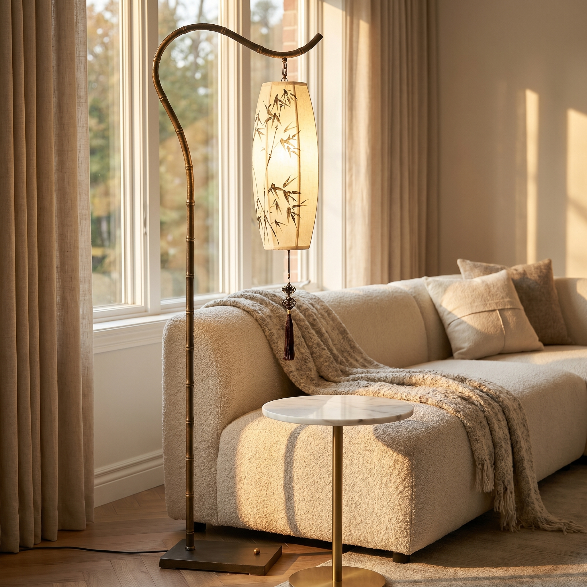 Lumina arc floor lamp arcing over a side table in a golden-hour living room