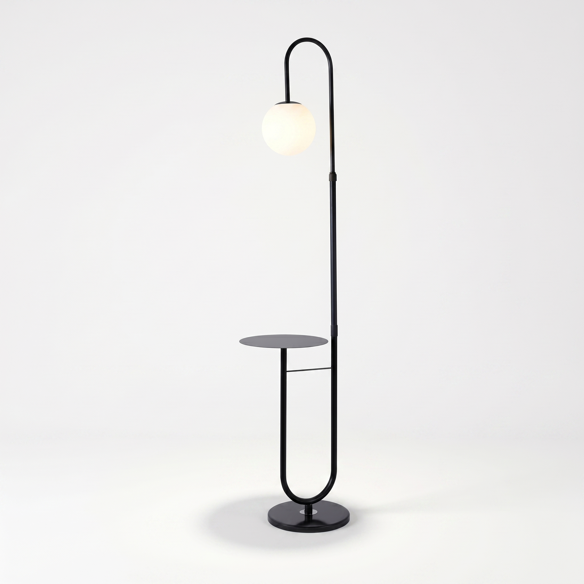 Orbita black globe floor lamp with iron side table on white background