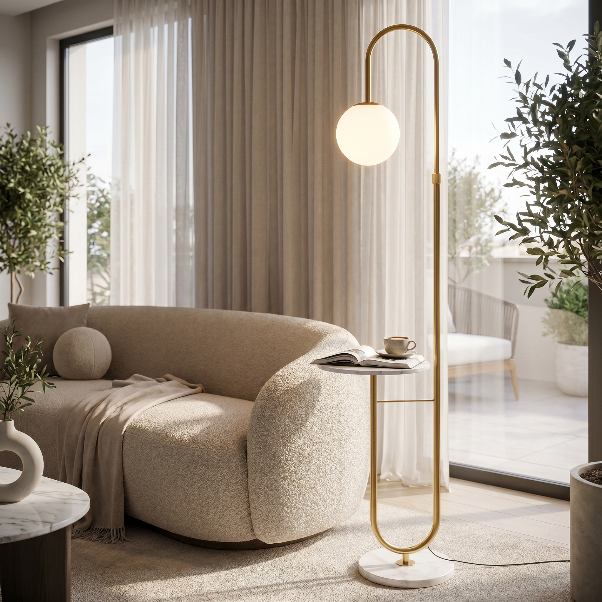 Gold Orbita floor lamp glowing beside a boucle sofa in a bright living room