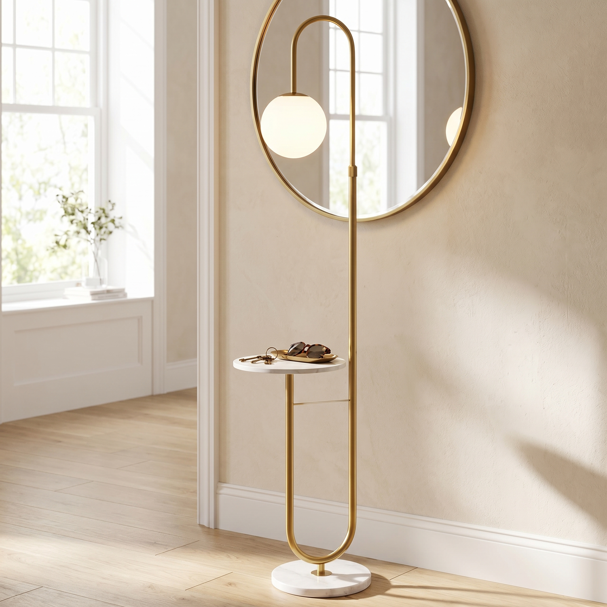 Gold Orbita floor lamp in an elegant entry hallway in morning light