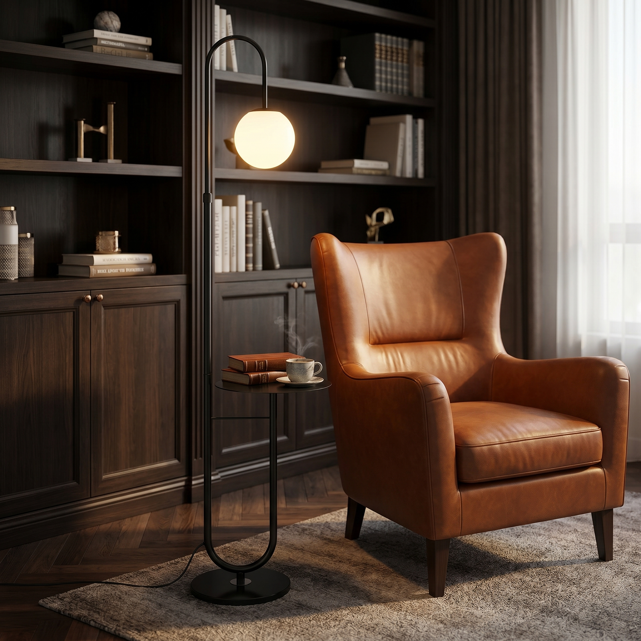Black Orbita floor lamp beside a leather chair in a refined study