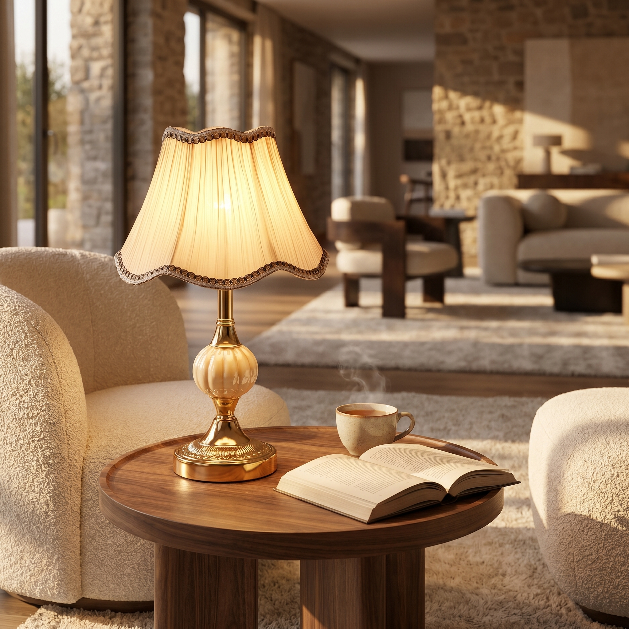Cream pleated table lamp on a side table beside a boucle chair in a living room