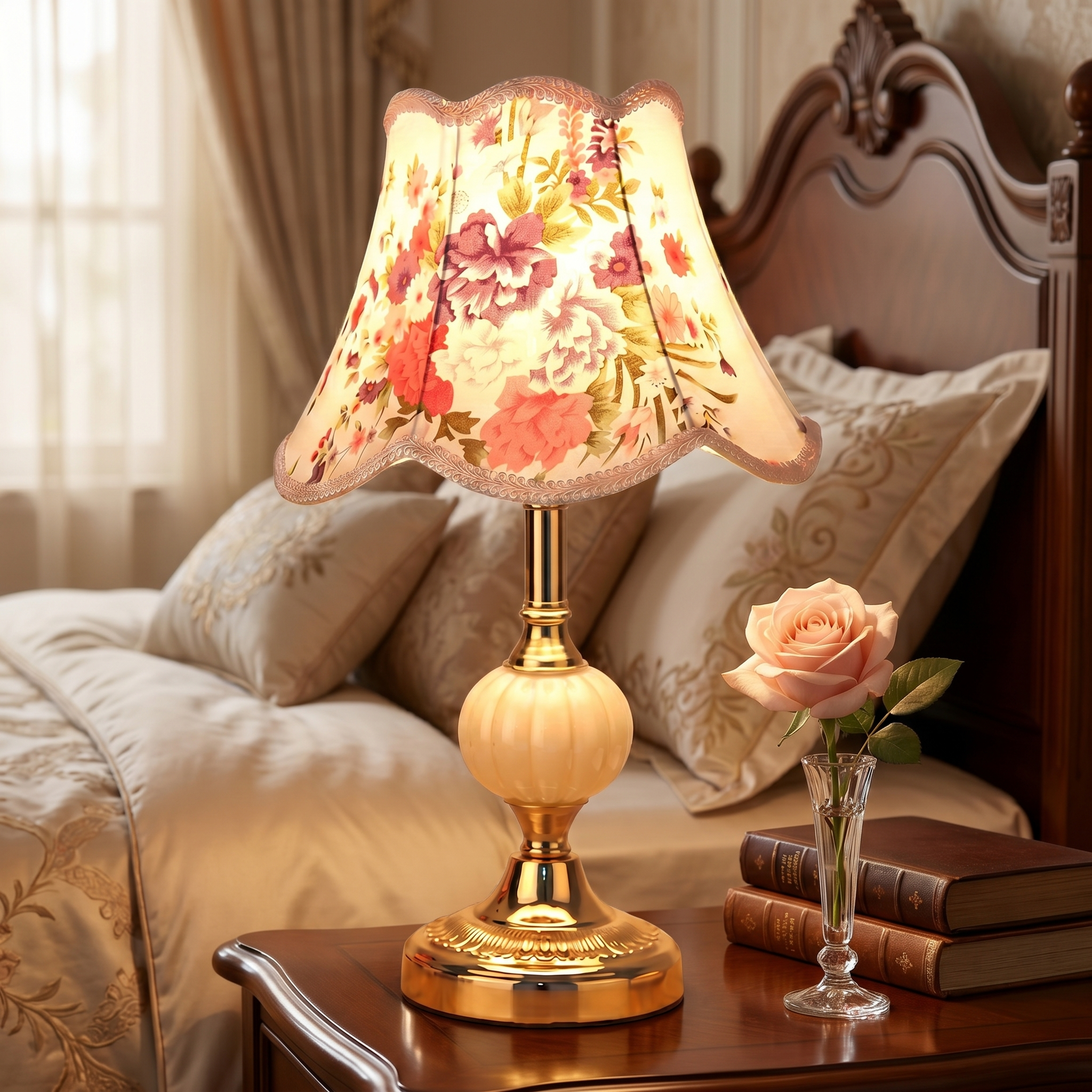 Peony floral table lamp glowing on a bedside table in an elegant bedroom