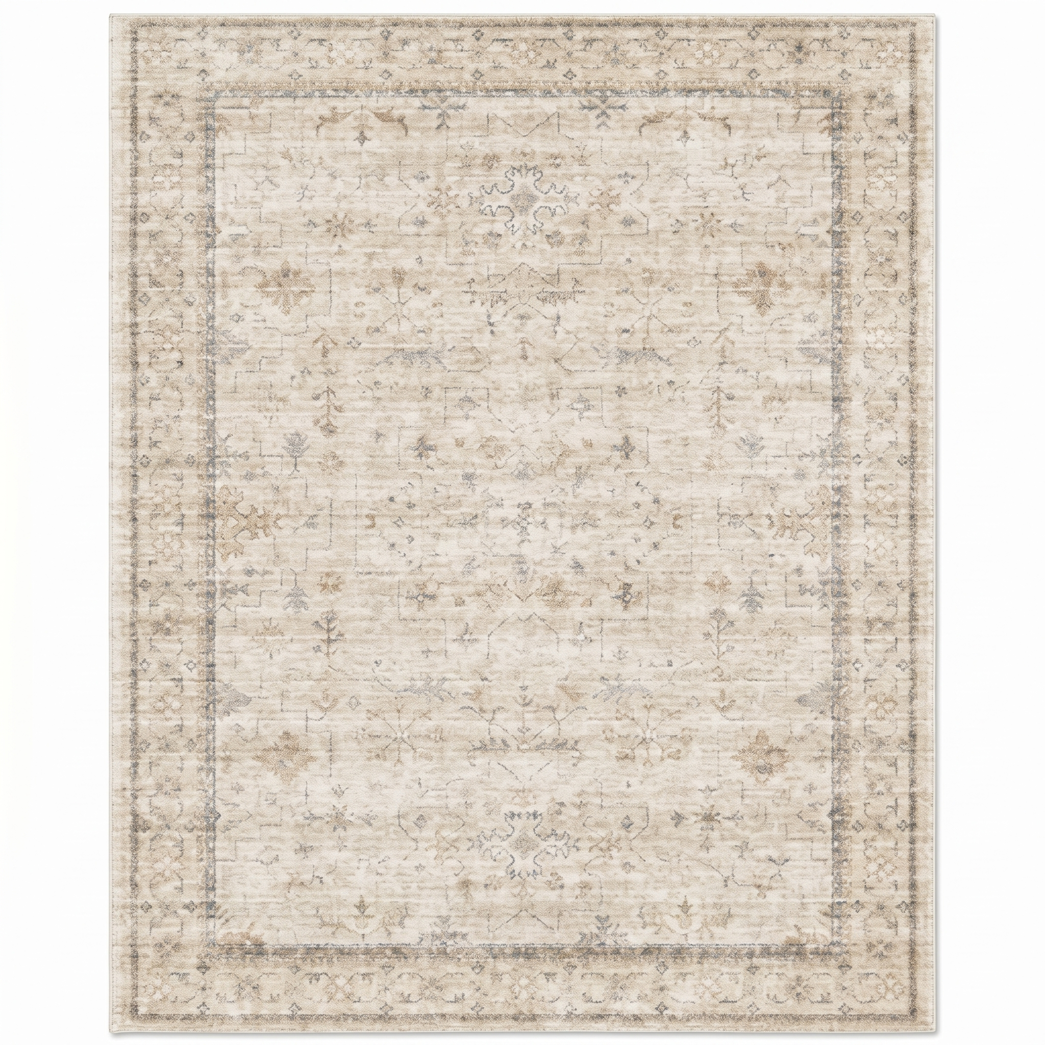 Cream ivory vintage Persian area rug, top-down studio view