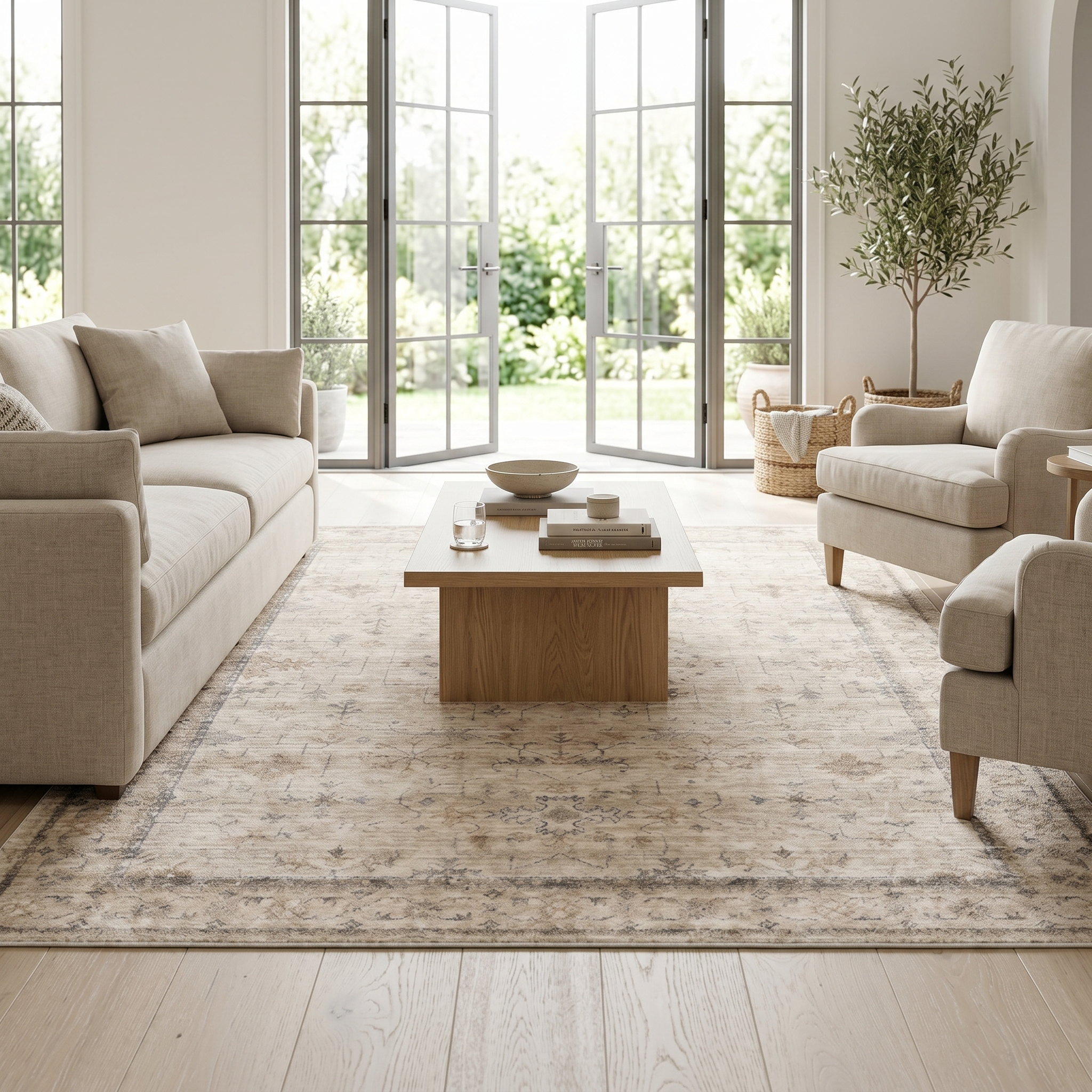 Cream vintage rug in a bright airy living room with linen sofa