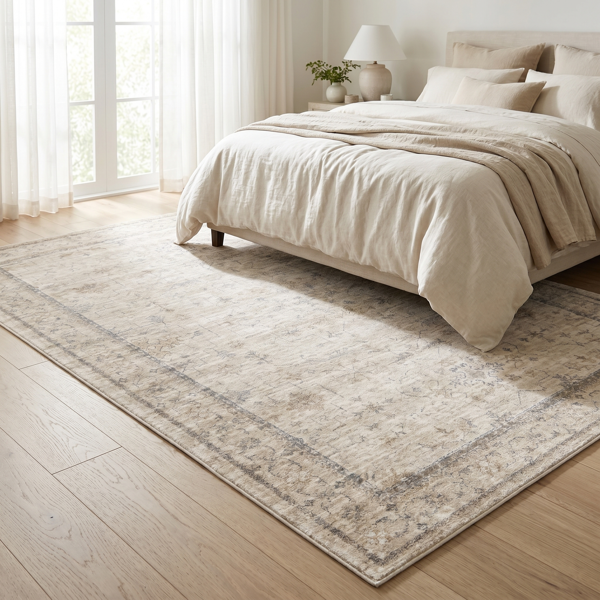 Vintage rug at the foot of a linen bed in a serene bedroom