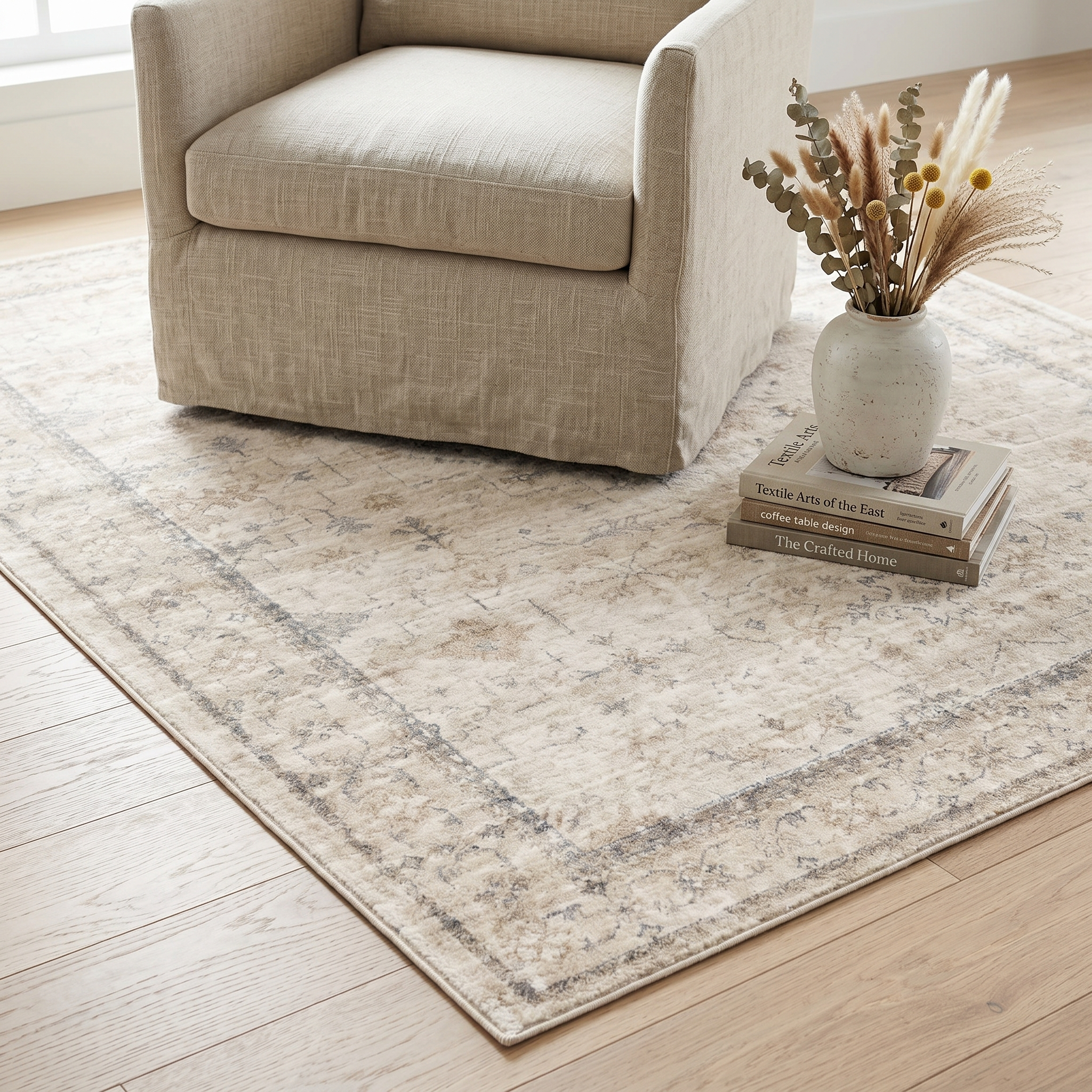 Styled corner of cream vintage rug with armchair, books and vase