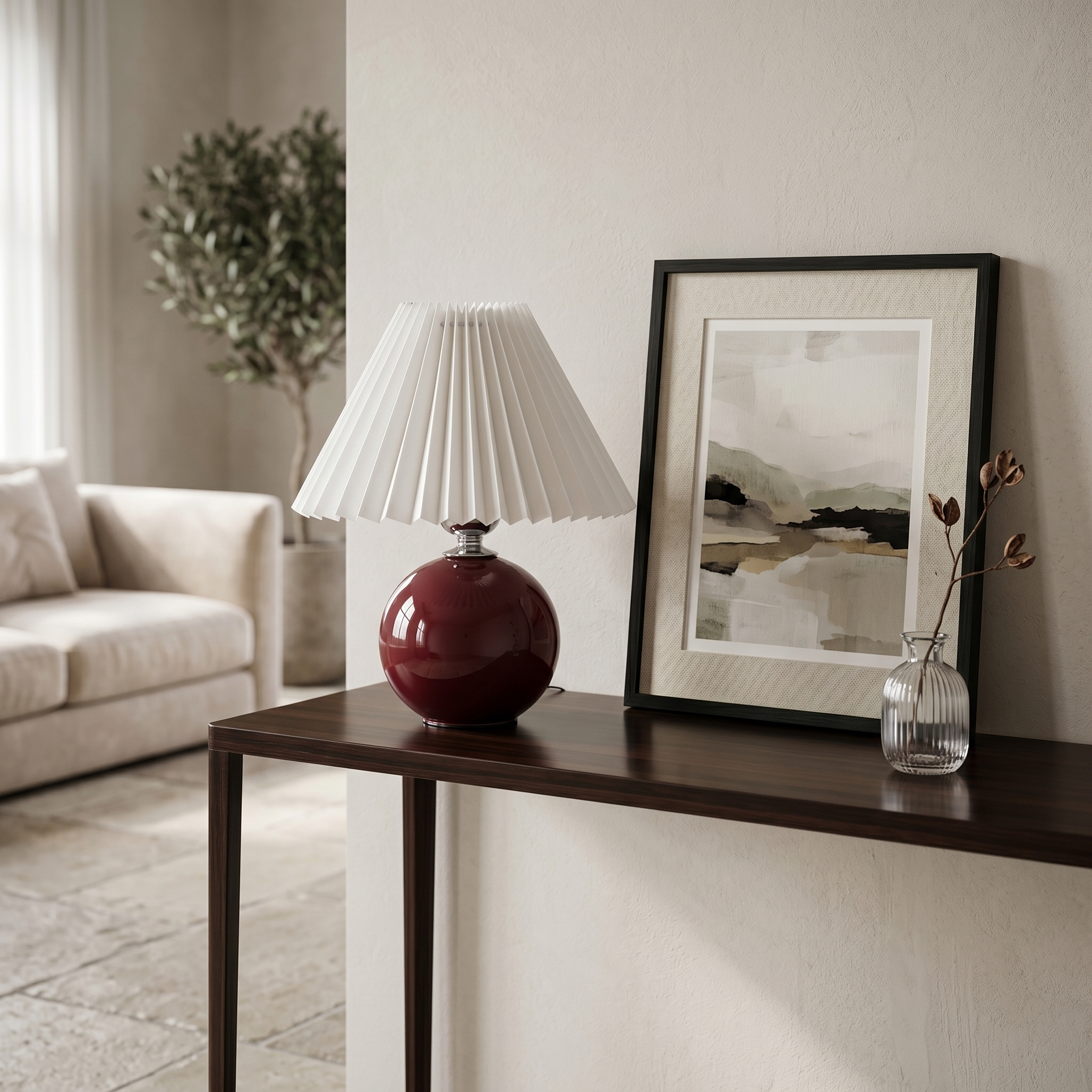 Burgundy Carezza table lamp on a living room console