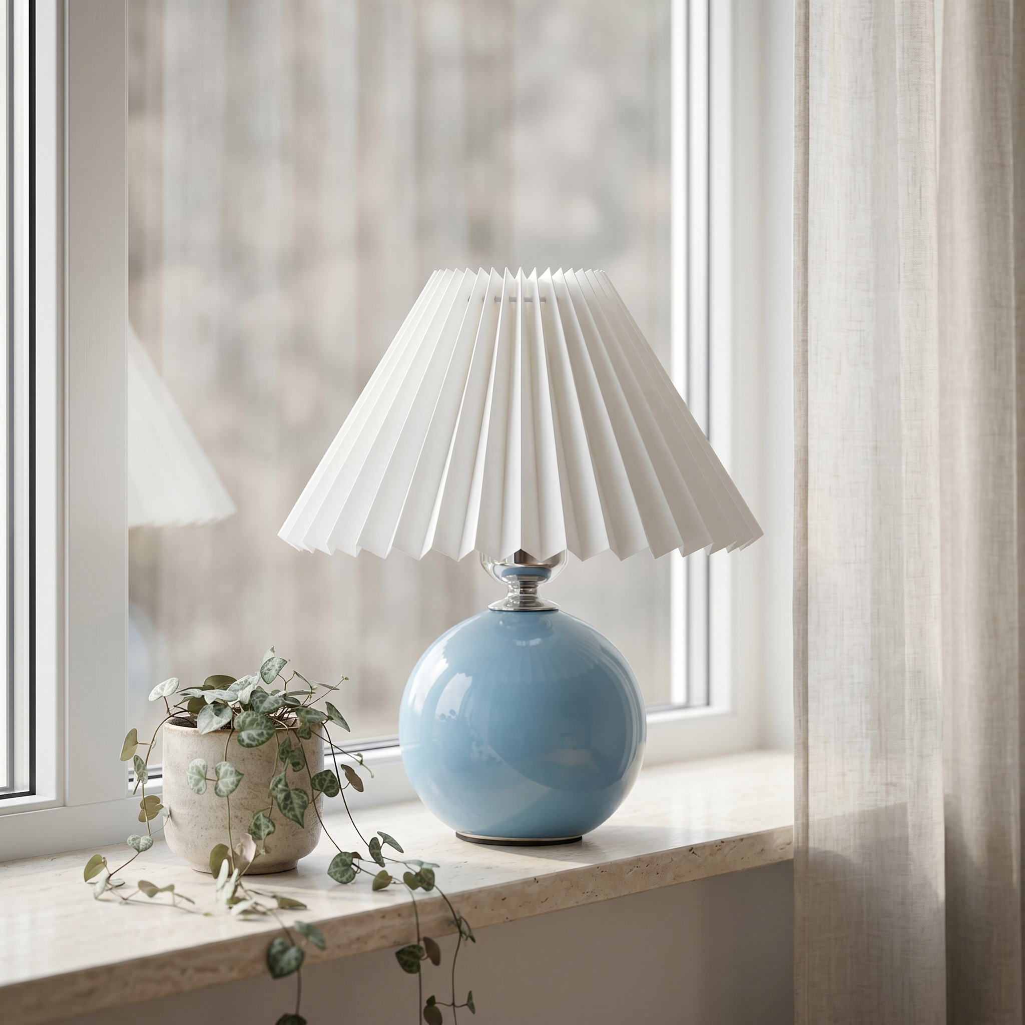 Light blue Carezza table lamp on a sunlit windowsill