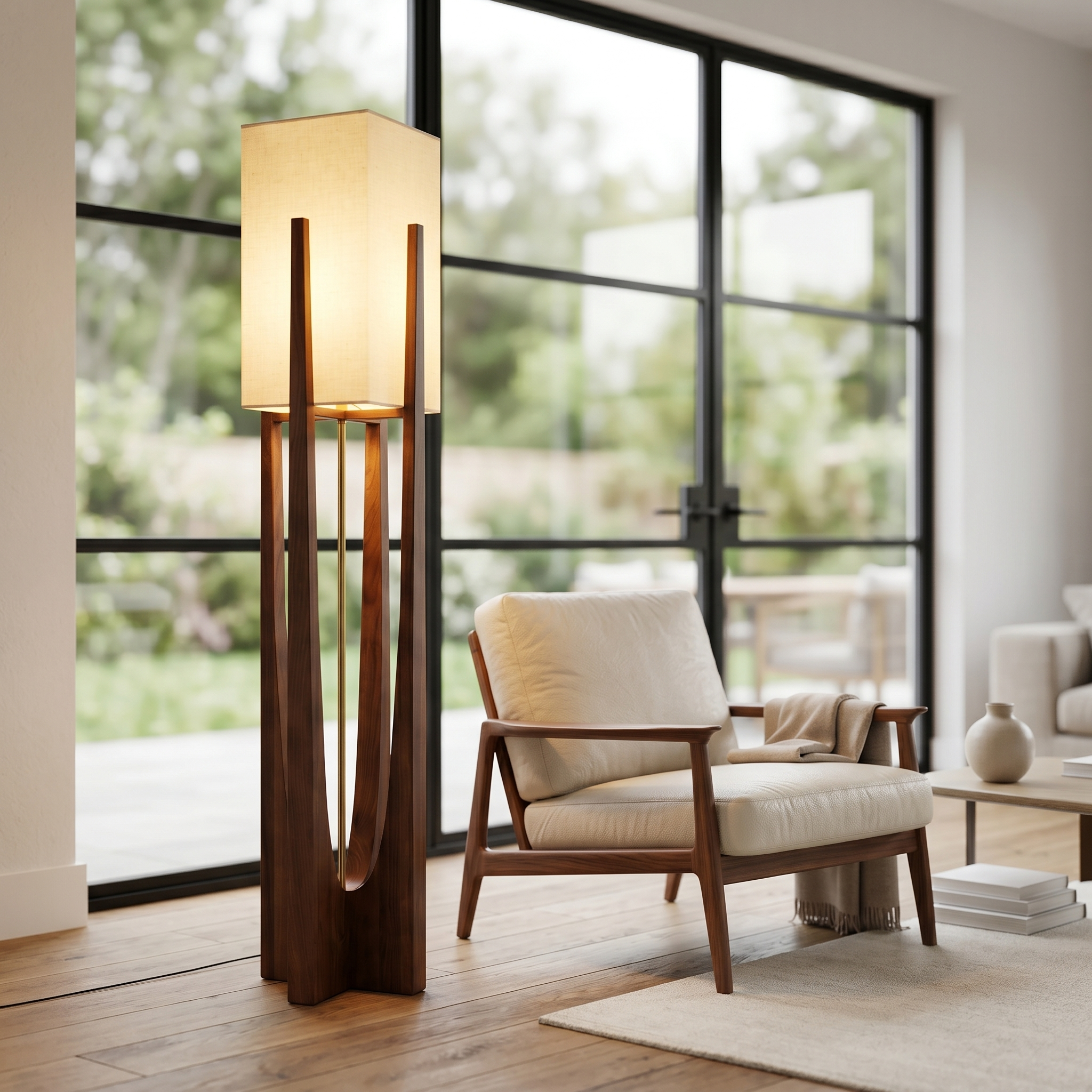 Walnut Slancio floor lamp glowing beside a lounge chair