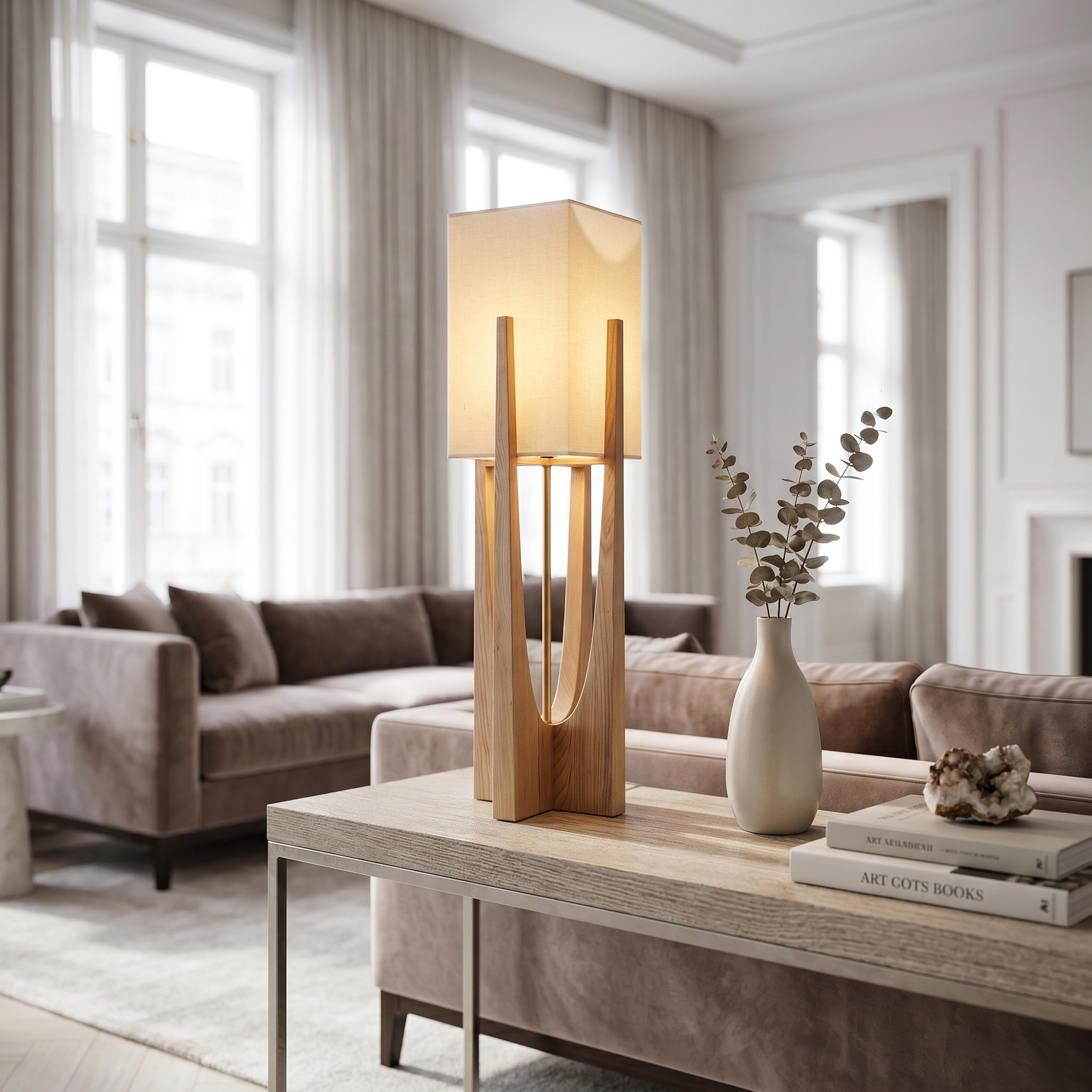 Small natural wood Slancio table lamp on a console