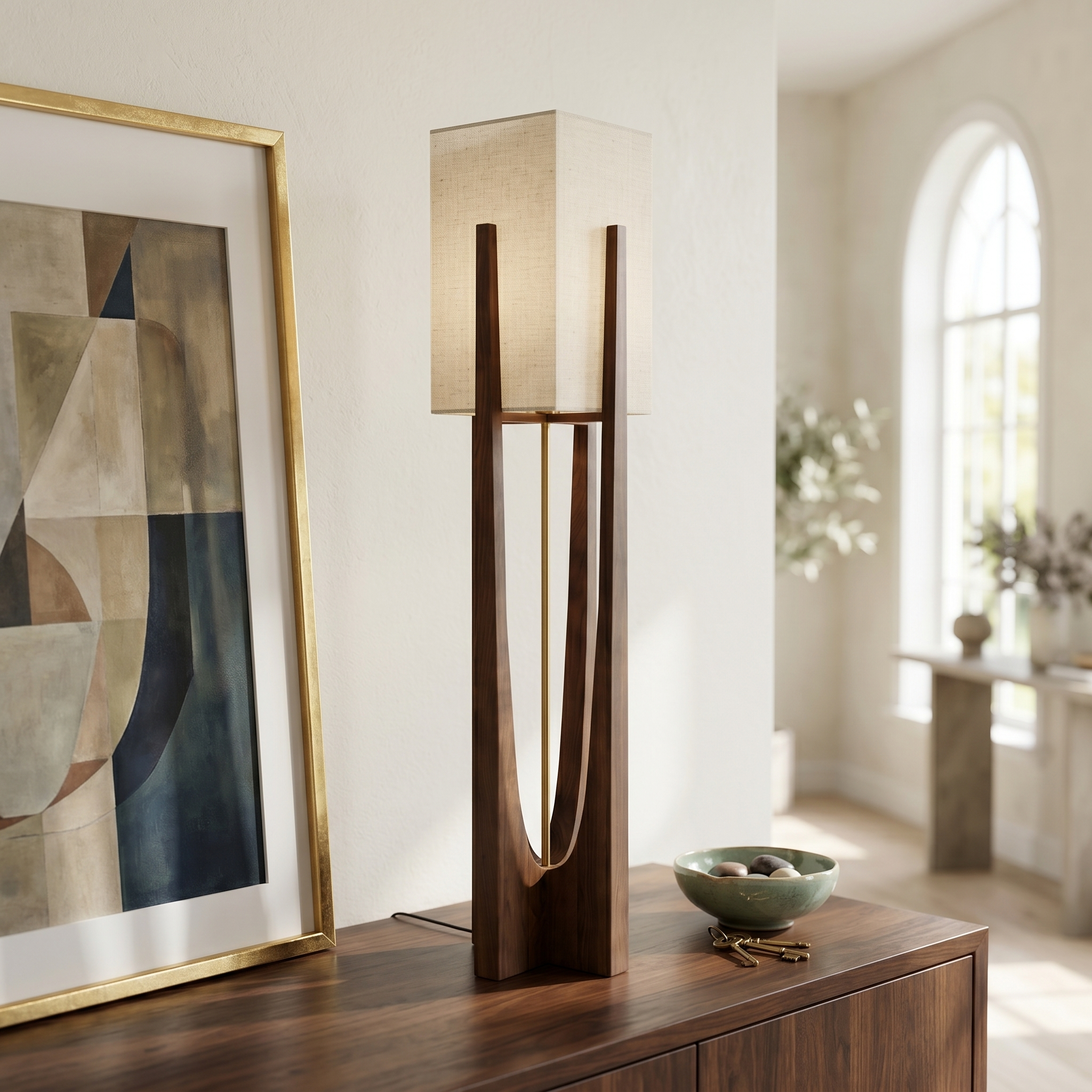 Walnut Slancio lamp on an entryway sideboard