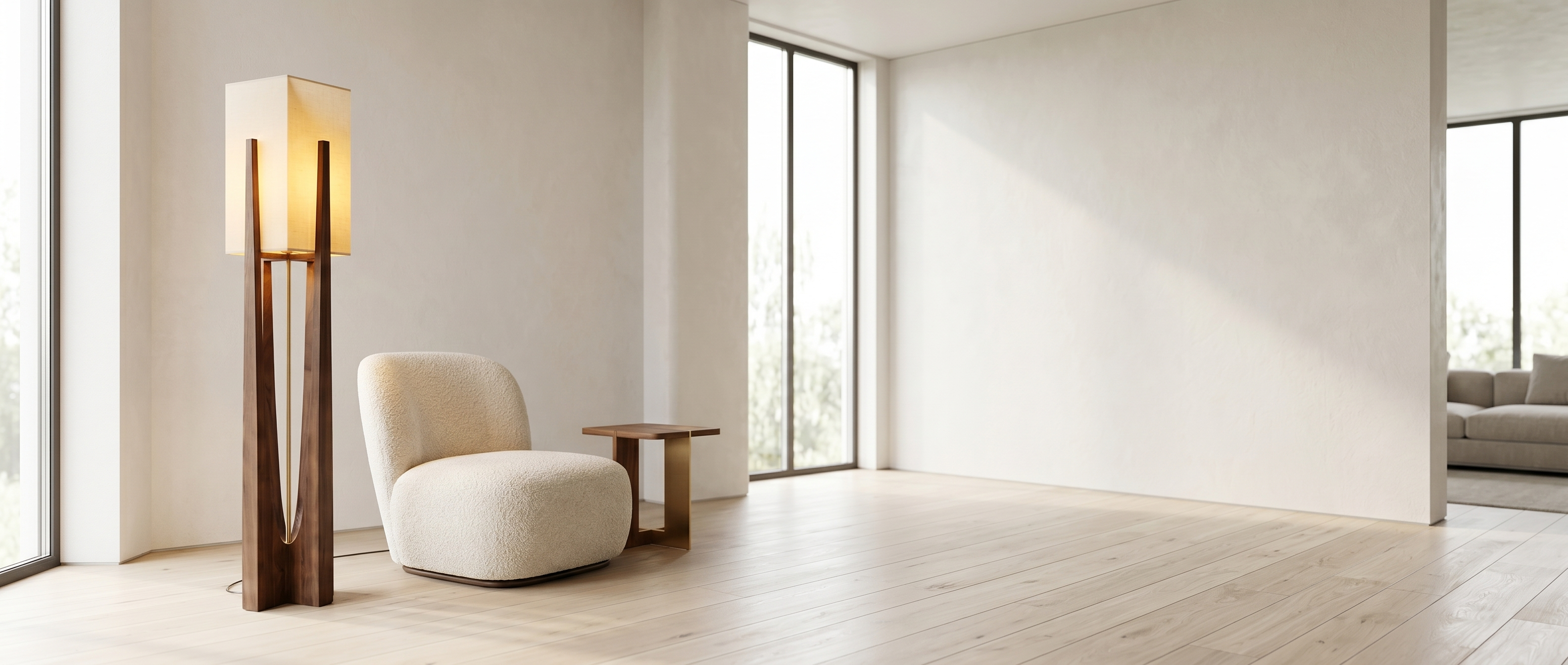 Slancio Sculptural Wood Floor Lamp styled in a modern living room