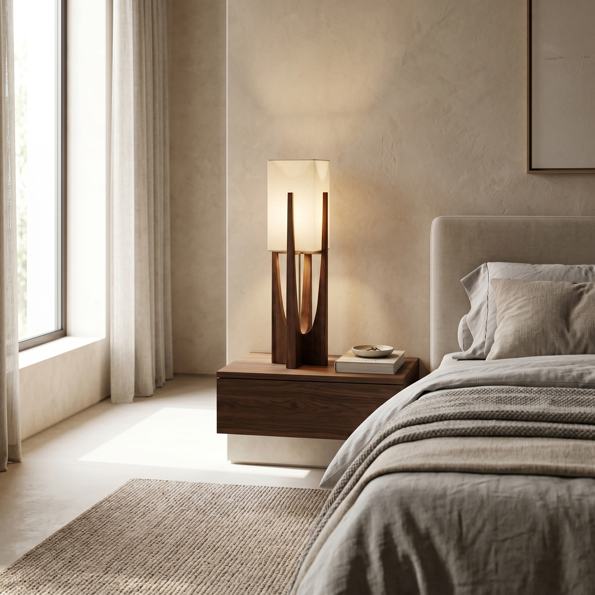 Walnut Slancio table lamp glowing on a bedside nightstand