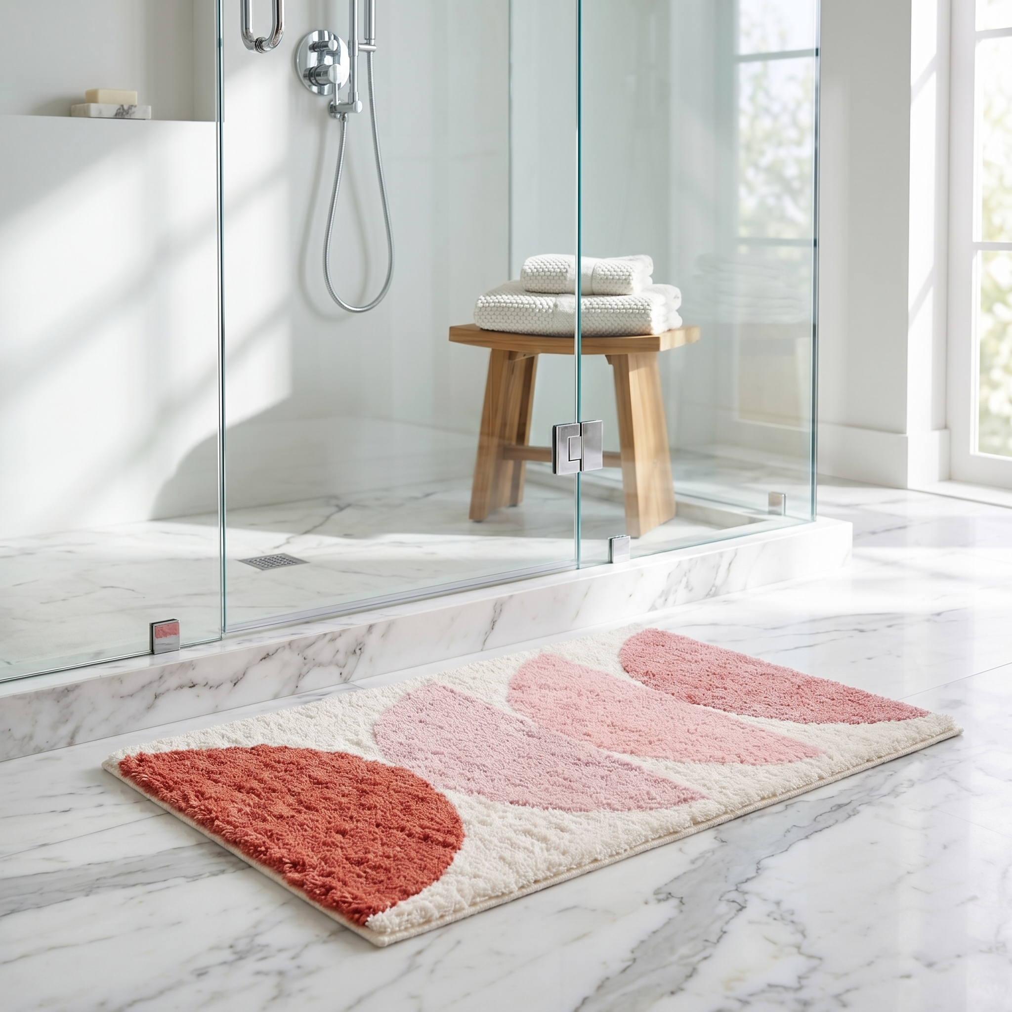 Pink Sunset bath mat outside a glass shower