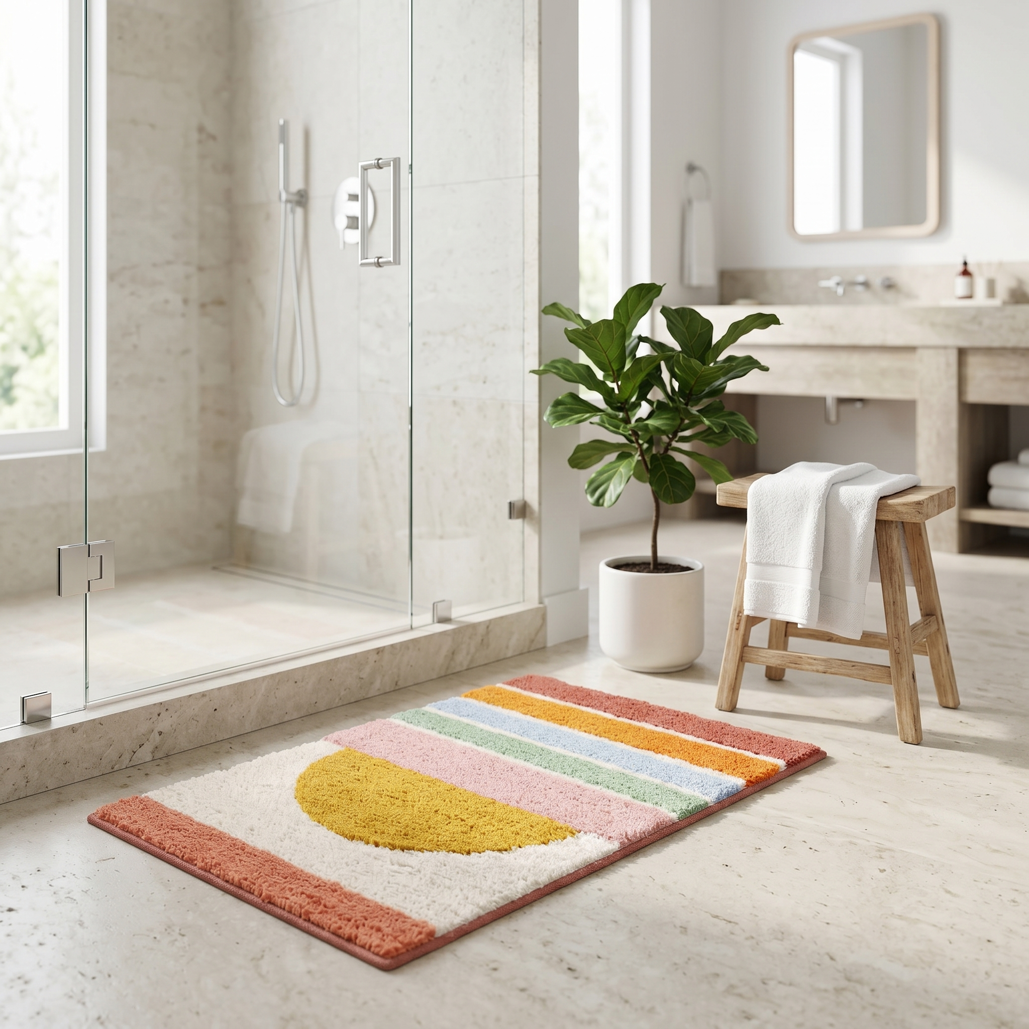 Golden Sunrise bath mat by a walk-in shower