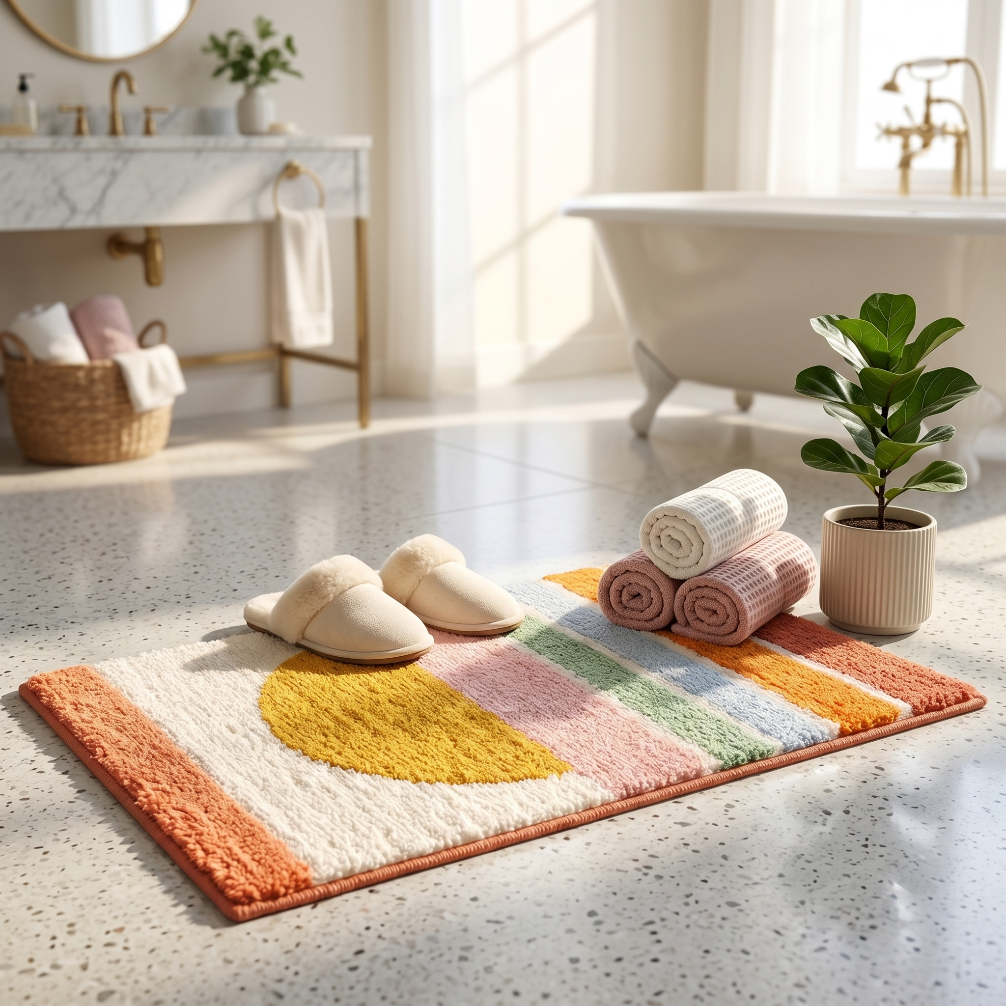 Golden Sunrise bath mat styled with slippers and towels