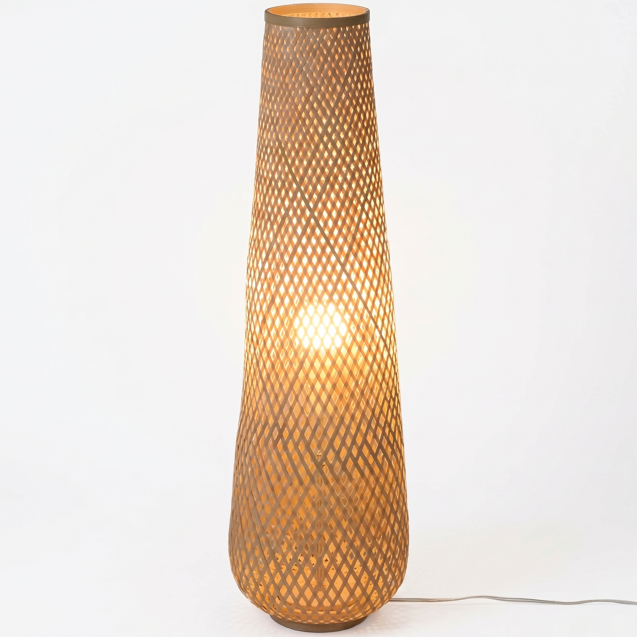 Tessira Woven Bamboo Floor Lamp glowing