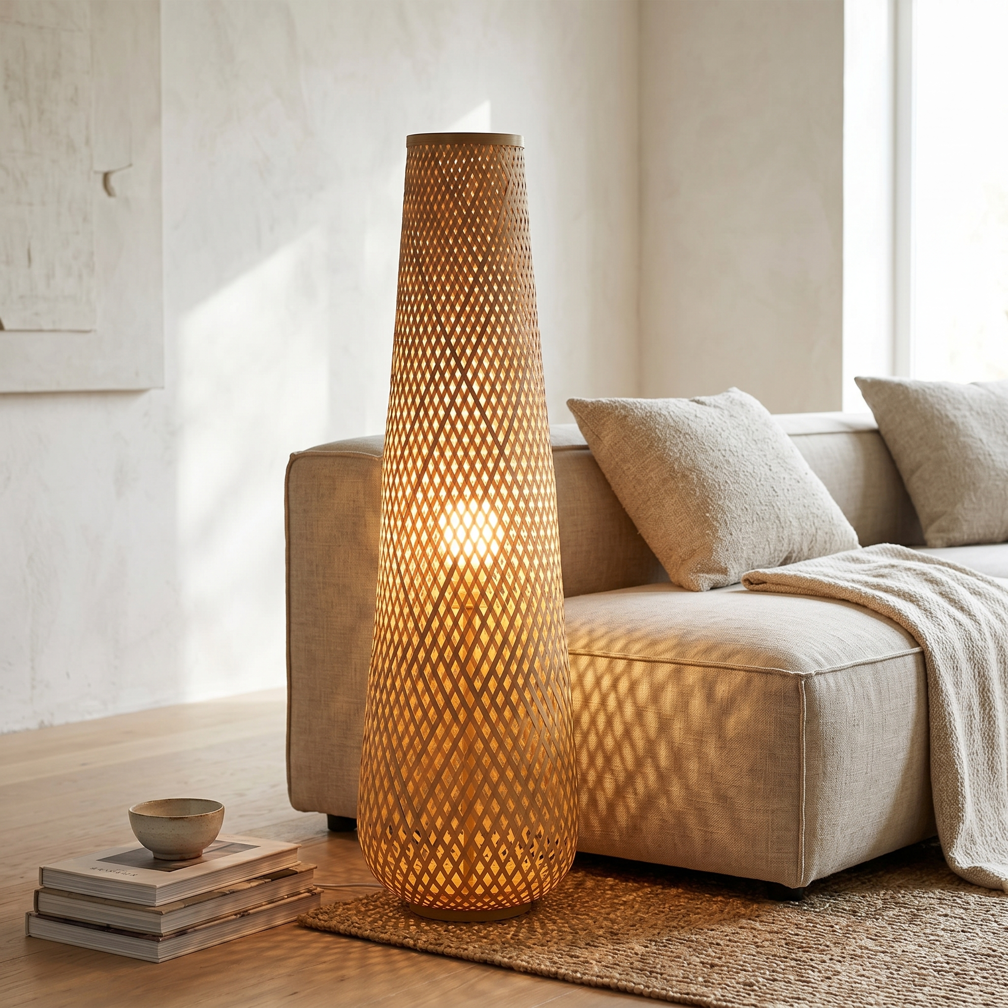 Bamboo floor lamp glowing beside a living room sofa