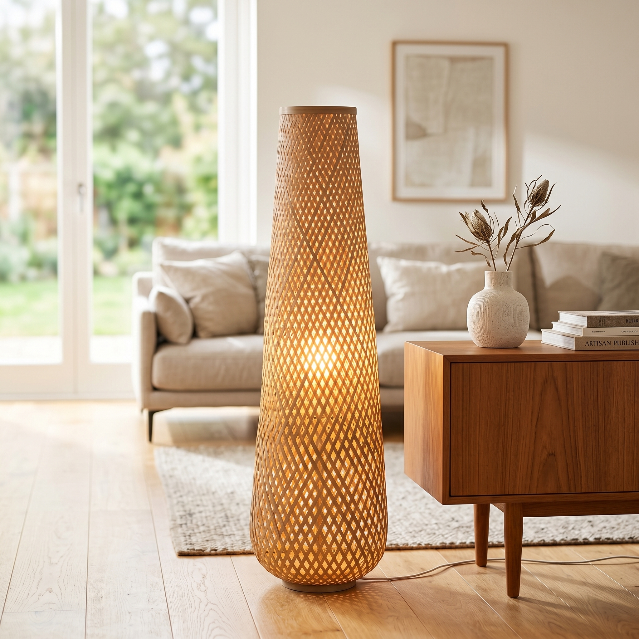 Bamboo floor lamp beside a wood console