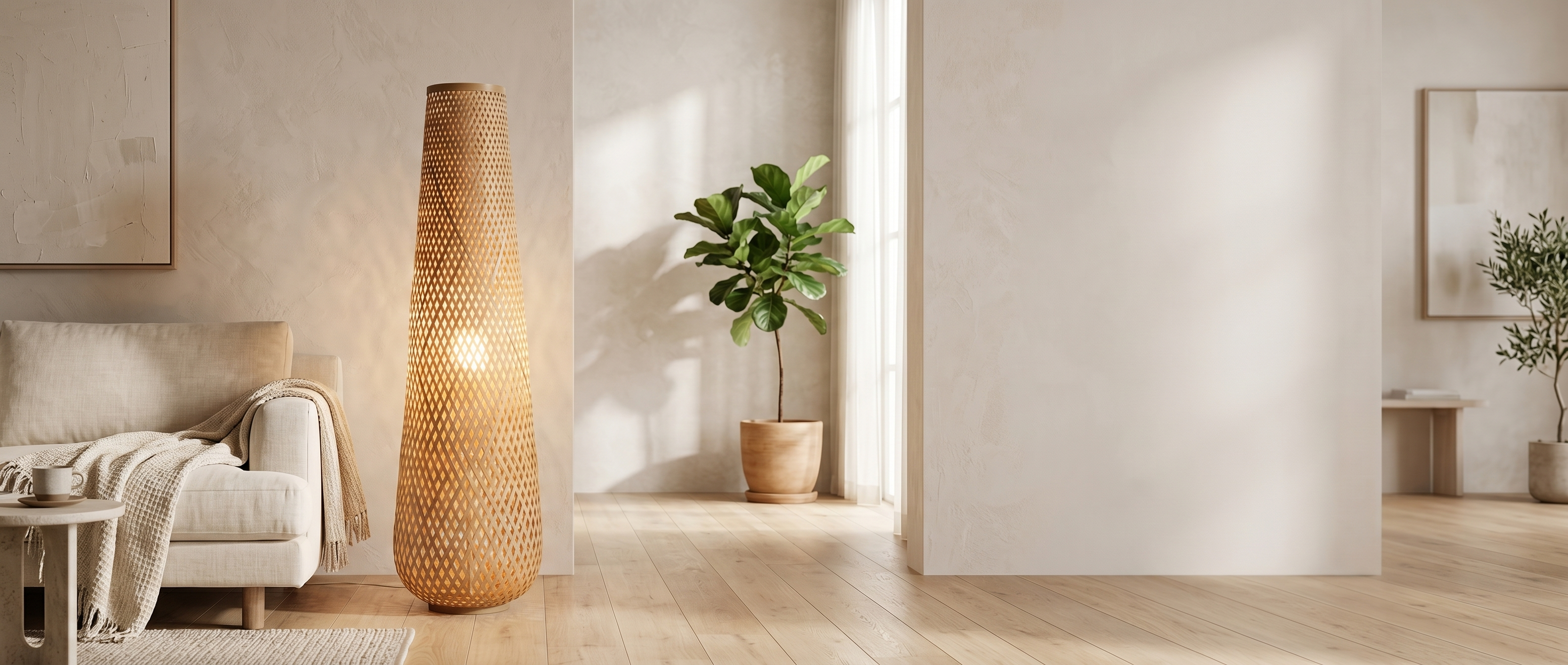 Tessira Woven Bamboo Floor Lamp glowing in a warm living room